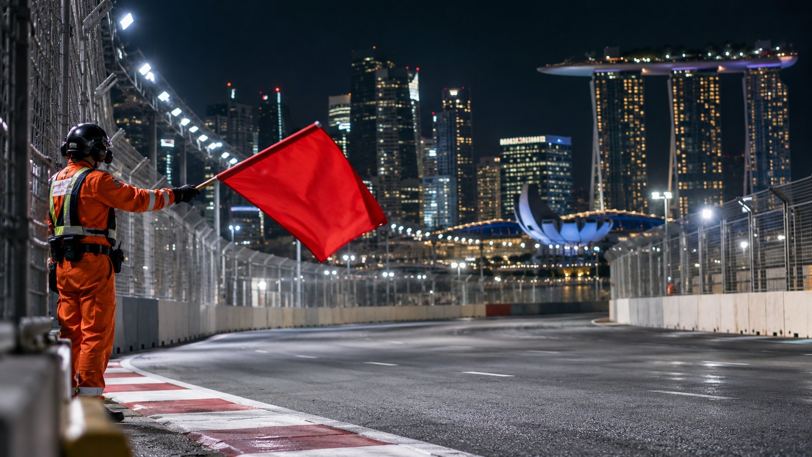 Ilustración editorial generada con IA: un comisario de pista con uniforme naranja agita una bandera roja junto a las barreras del circuito callejero de Marina Bay de noche, con la pista vacía y el Marina Bay Sands al fondo; no es una fotografía de la sesión.