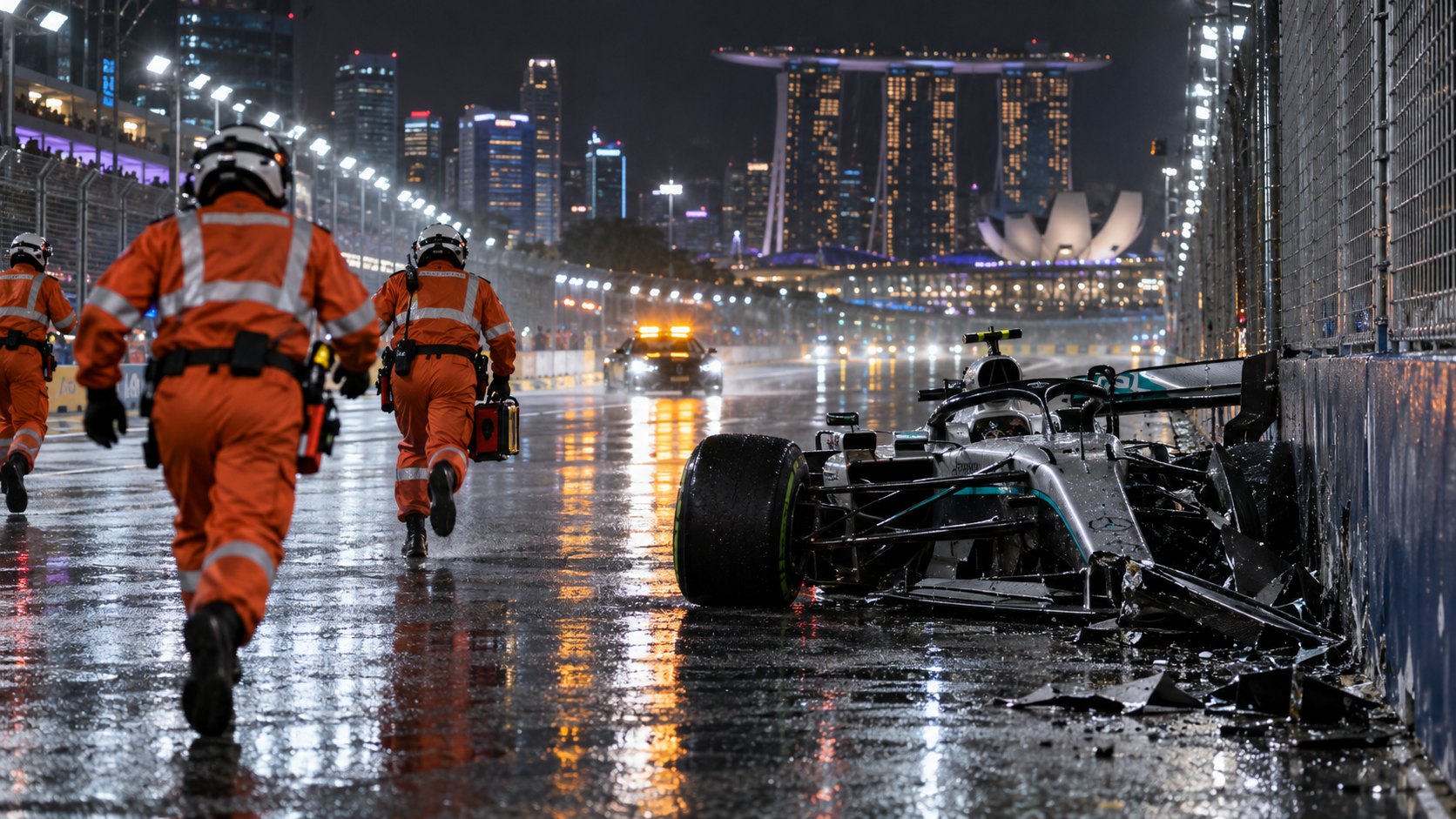 Ilustración editorial generada con IA: un Mercedes de Fórmula 1 plateado y negro, dañado contra el muro de una recta del circuito de Marina Bay de noche y con la pista mojada, mientras comisarios de naranja corren hacia el auto; no es una fotografía del accidente de Russell.