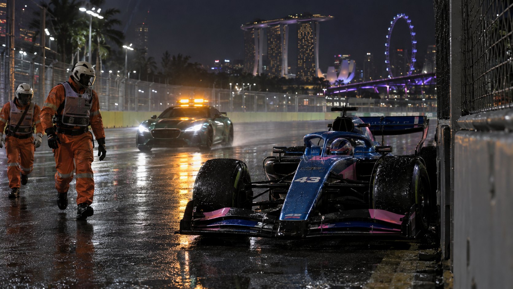 Ilustración editorial generada con IA: un Alpine azul y rosa con el número 43 detenido al costado de una curva mojada de Marina Bay, de noche, con comisarios que se acercan y el auto de seguridad pasando; no es una fotografía del abandono de Colapinto.