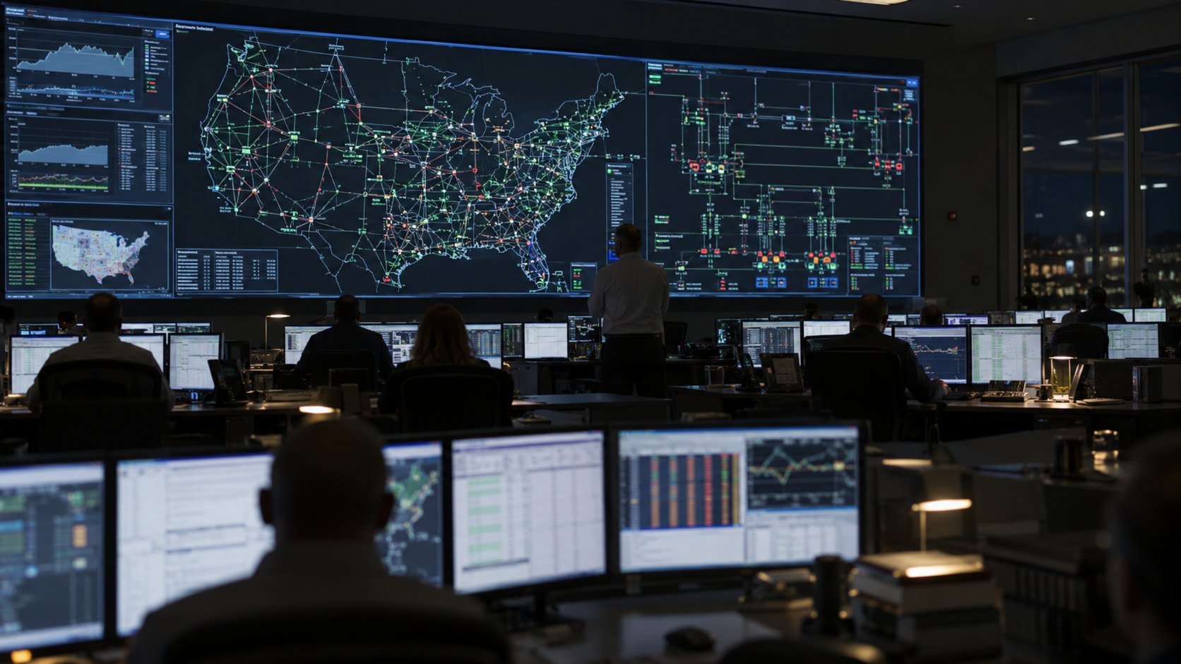 Ilustración editorial generada con IA: la sala de control nocturna de una empresa eléctrica de Estados Unidos, con operadores de espaldas frente a una pantalla gigante con el mapa de la red de transmisión; composición conceptual, no es una fotografía de la eléctrica afectada.