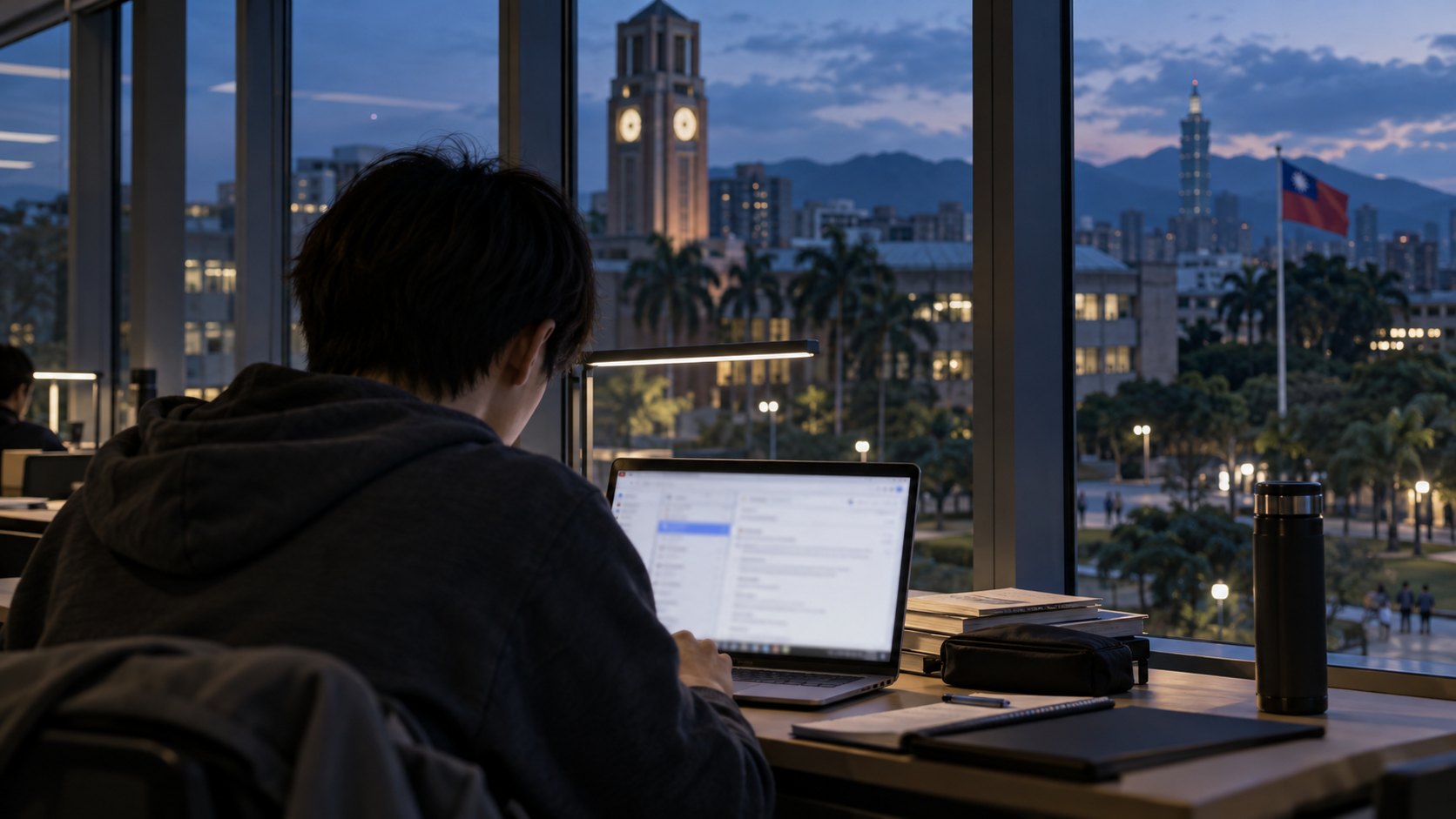 Ilustración editorial generada con IA: un estudiante de espaldas revisa correos en su laptop en una sala de estudio de una universidad de Taipéi al anochecer, con una torre de reloj, el rascacielos Taipei 101 y una bandera de Taiwán al fondo; composición conceptual, no es una fotografía de una víctima real.