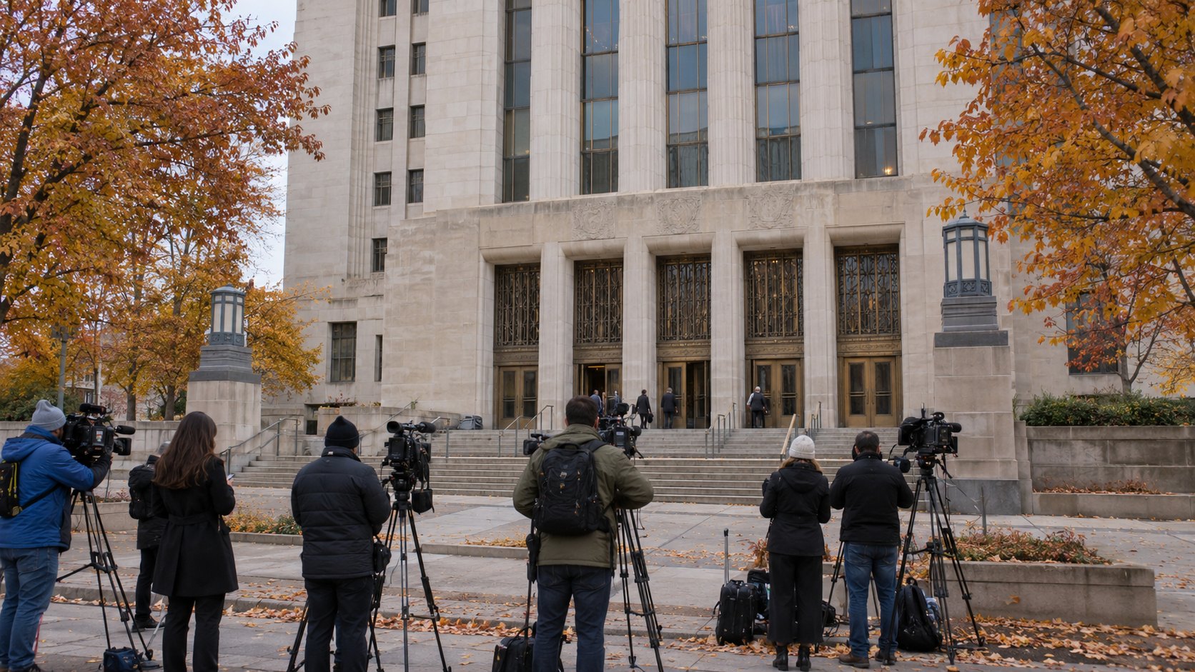 Ilustración editorial generada con IA: periodistas y cámaras de televisión frente a la entrada de un edificio federal de St. Paul, Minnesota, en otoño; composición conceptual, no es una fotografía de la audiencia.