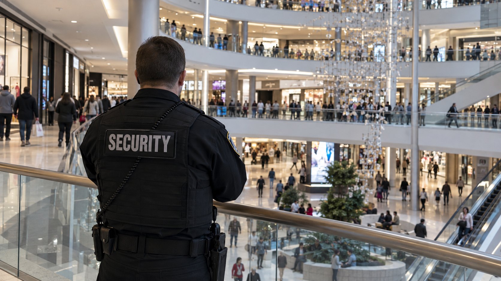 Ilustración editorial generada con IA: el atrio de varios niveles de un gran centro comercial con compradores y un guardia de seguridad de espaldas en primer plano; composición conceptual, no es una fotografía del Mall of America durante el caso.