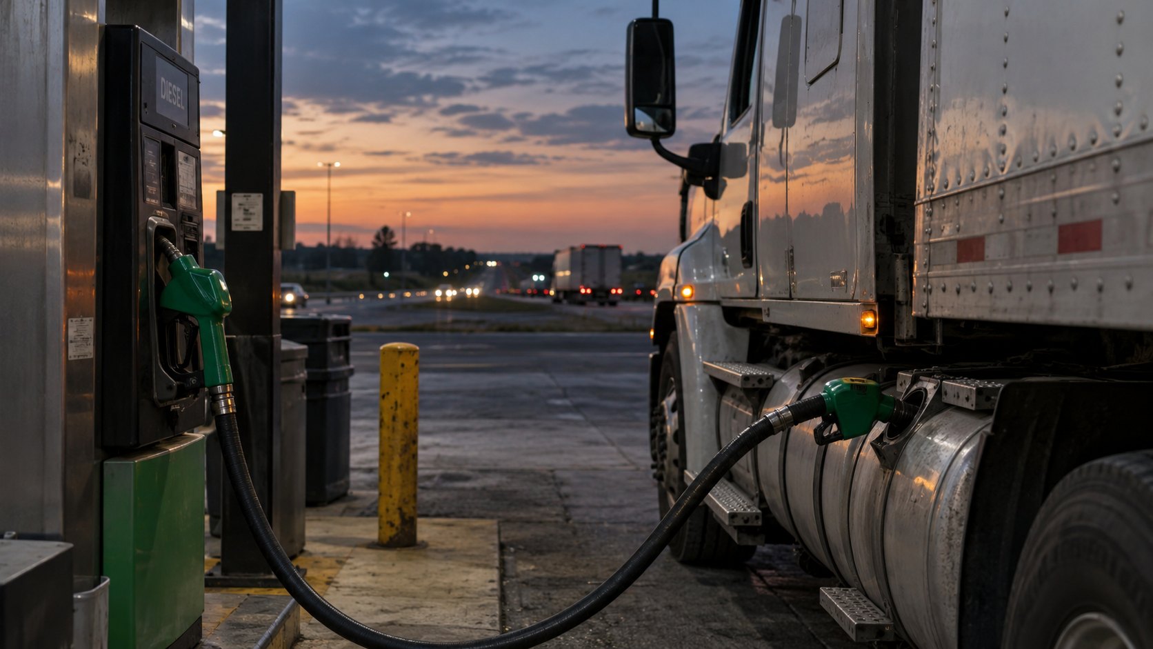 Ilustración editorial generada con IA: un camión de carga cargando gasoil en un surtidor diésel de una estación de servicio de ruta en Estados Unidos, al anochecer, con la autopista al fondo; no es una fotografía documental.