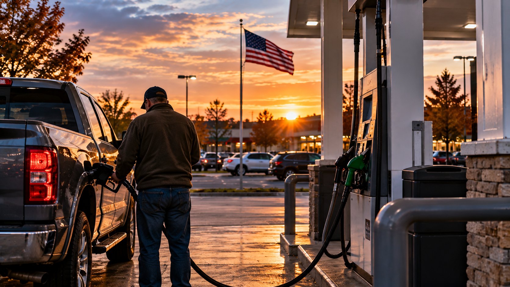 Ilustración editorial generada con IA: un conductor de espaldas carga nafta en una pickup en una estación de servicio de un suburbio de Estados Unidos al atardecer, con una bandera estadounidense en el predio; composición conceptual, no es una fotografía de una estación identificada.