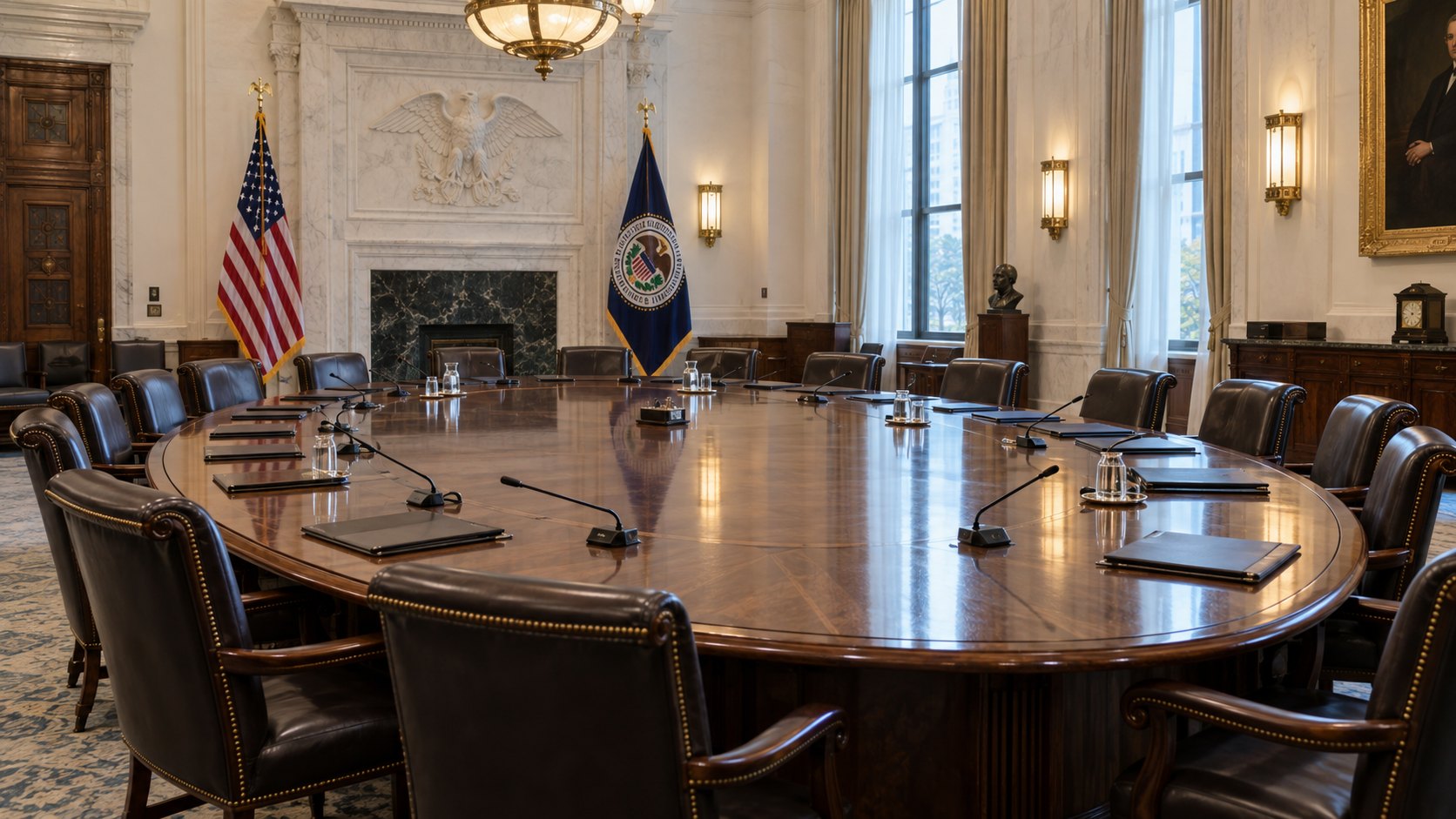 Ilustración editorial generada con IA: la sala de reuniones del Comité Federal de Mercado Abierto, con la gran mesa ovalada de madera, sillas de cuero vacías y banderas de Estados Unidos y de la Fed; representación genérica, no es una fotografía de la reunión de septiembre.