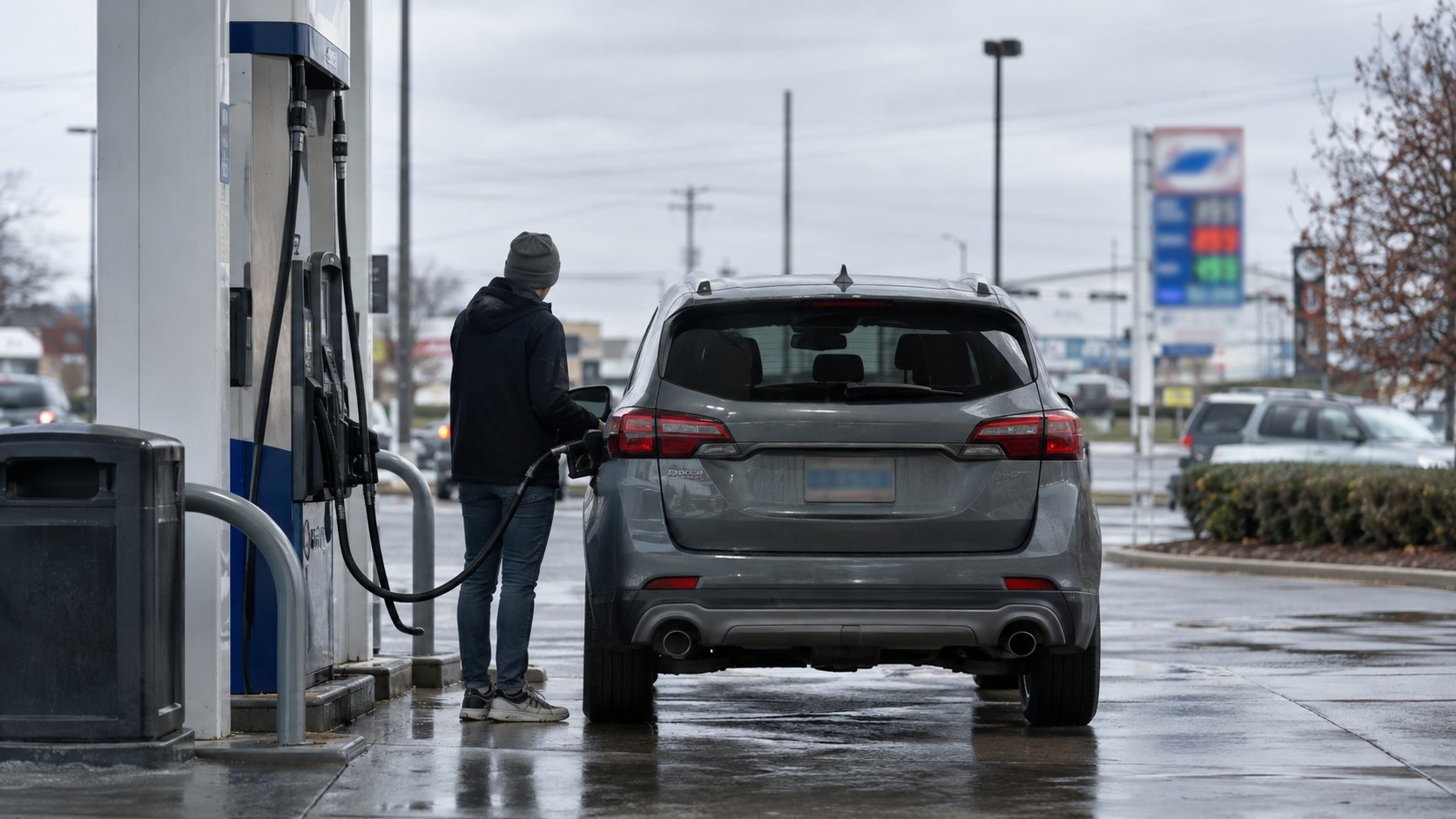 Ilustración editorial generada con IA: un conductor de espaldas carga combustible en una estación de servicio de Estados Unidos en un día nublado y lluvioso; representación genérica, no es una fotografía de un lugar real.