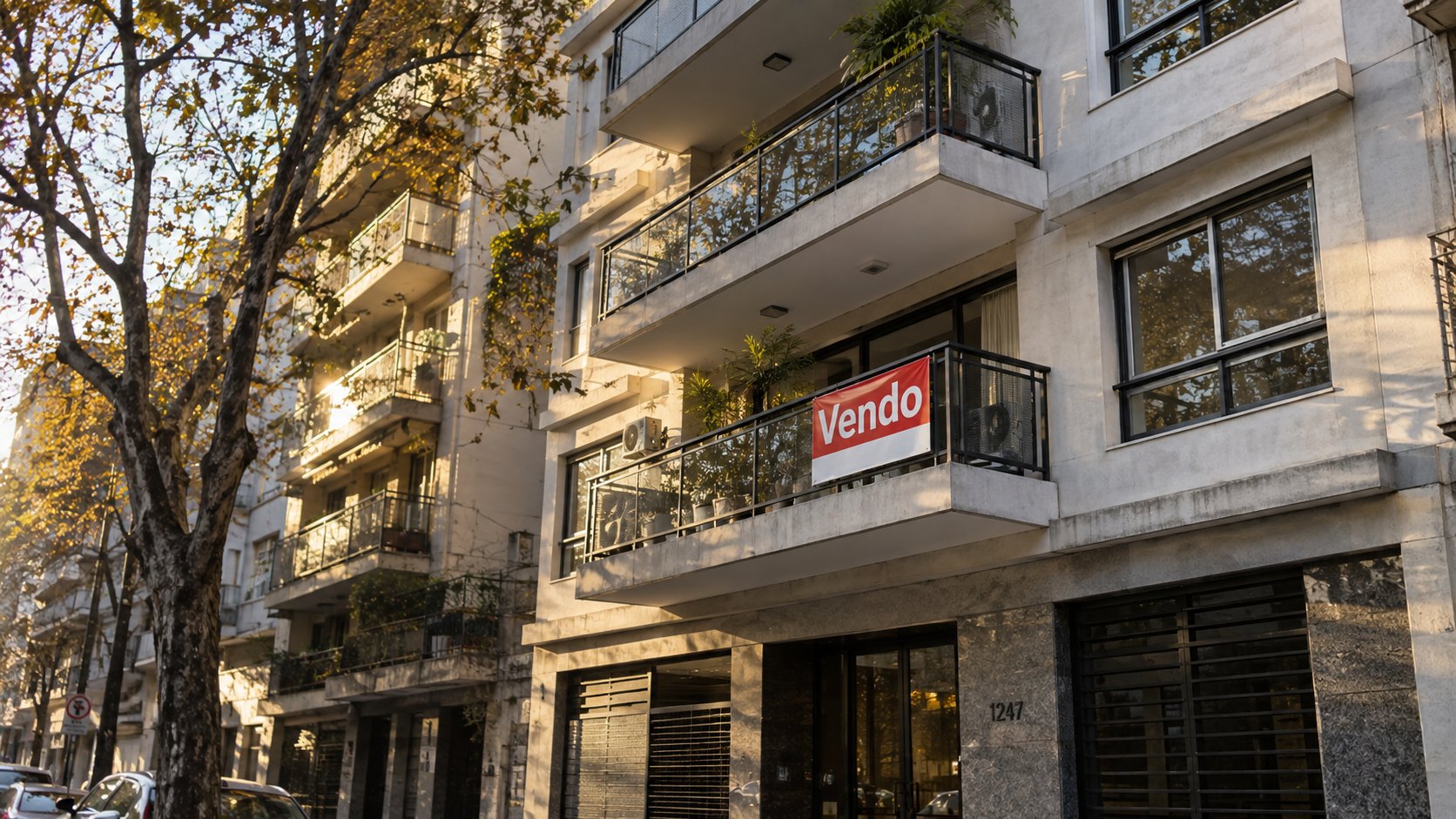 Ilustración editorial generada con IA: un edificio de departamentos con balcones en un barrio de Buenos Aires, con un cartel rojo de «Vendo» en uno de los balcones y árboles en la vereda; composición conceptual, no es una fotografía de un inmueble real.