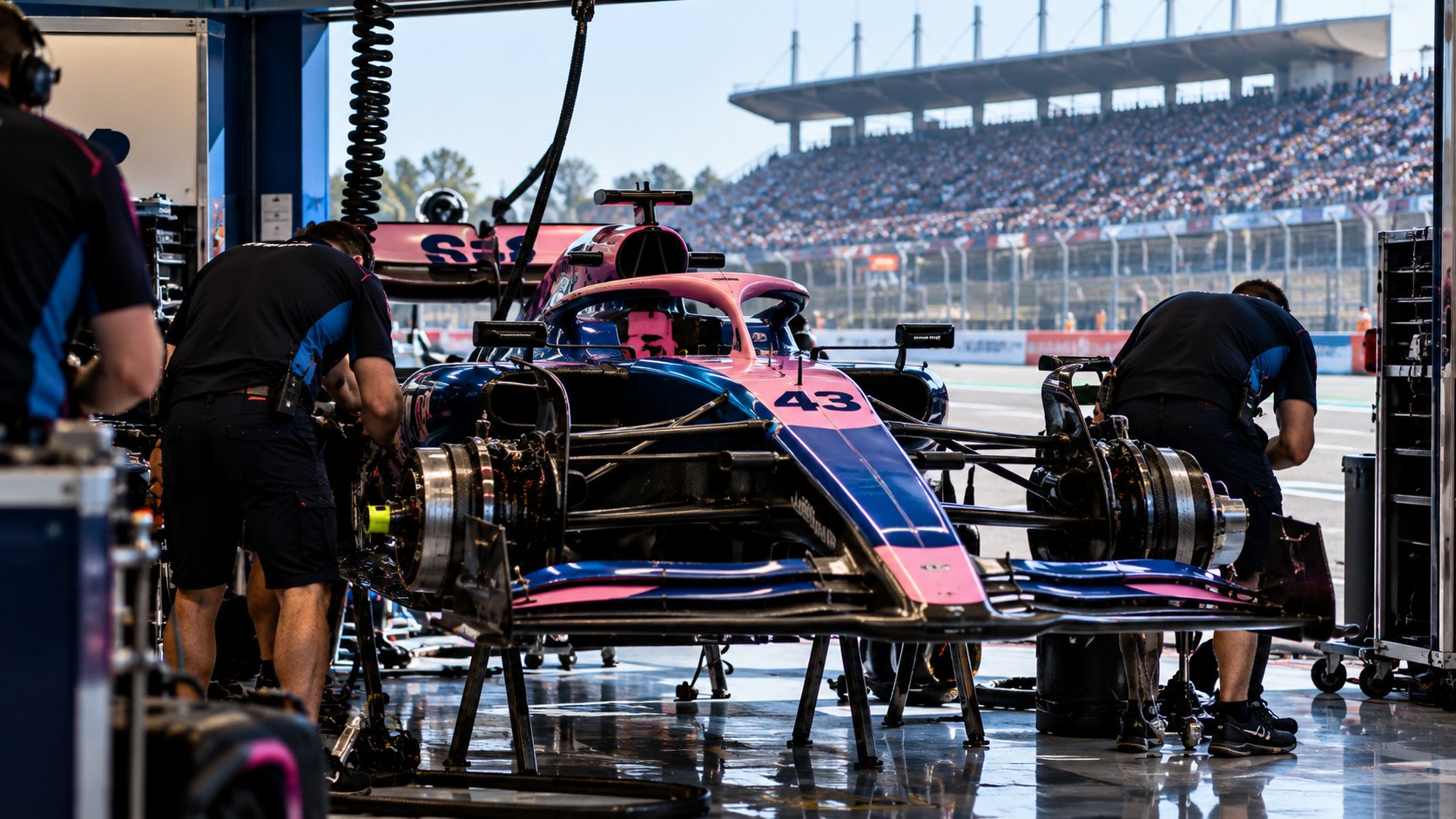 Ilustración editorial generada con IA: mecánicos trabajan sobre el Alpine azul y rosa número 43 en el box del Autódromo Hermanos Rodríguez; no es una fotografía del equipo ni del piloto.