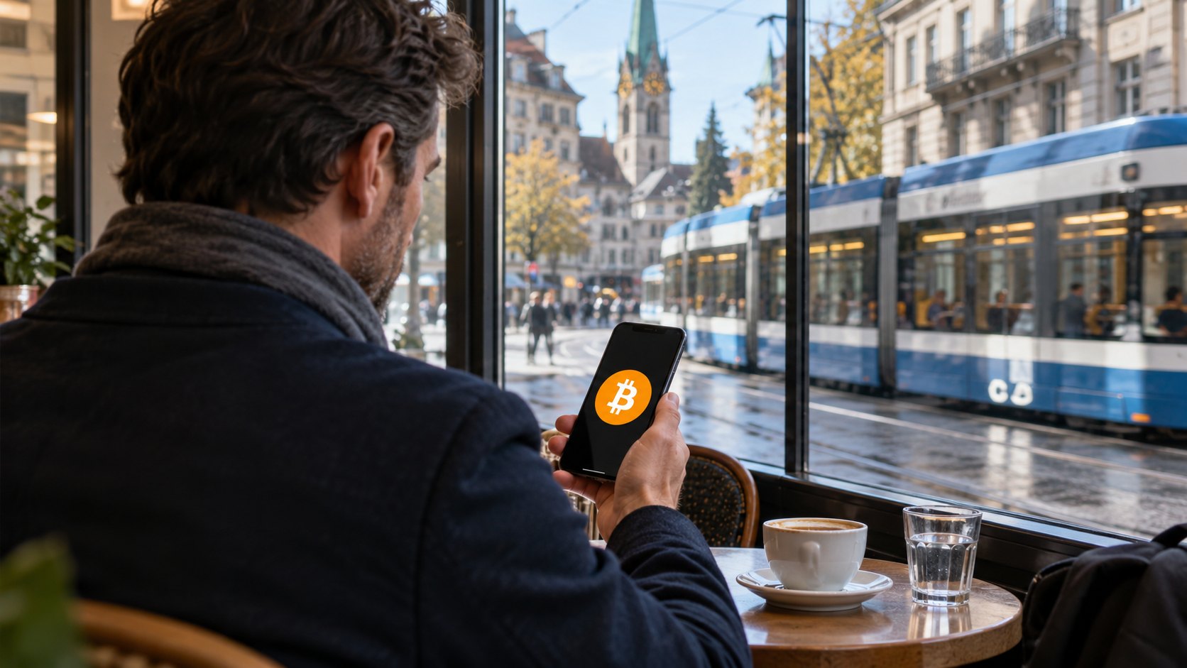 Ilustración editorial generada con IA: un hombre de espaldas en un café de Zúrich mira un celular con el logo de Bitcoin en la pantalla mientras pasa un tranvía por la calle; composición conceptual, no es una fotografía de una persona real.