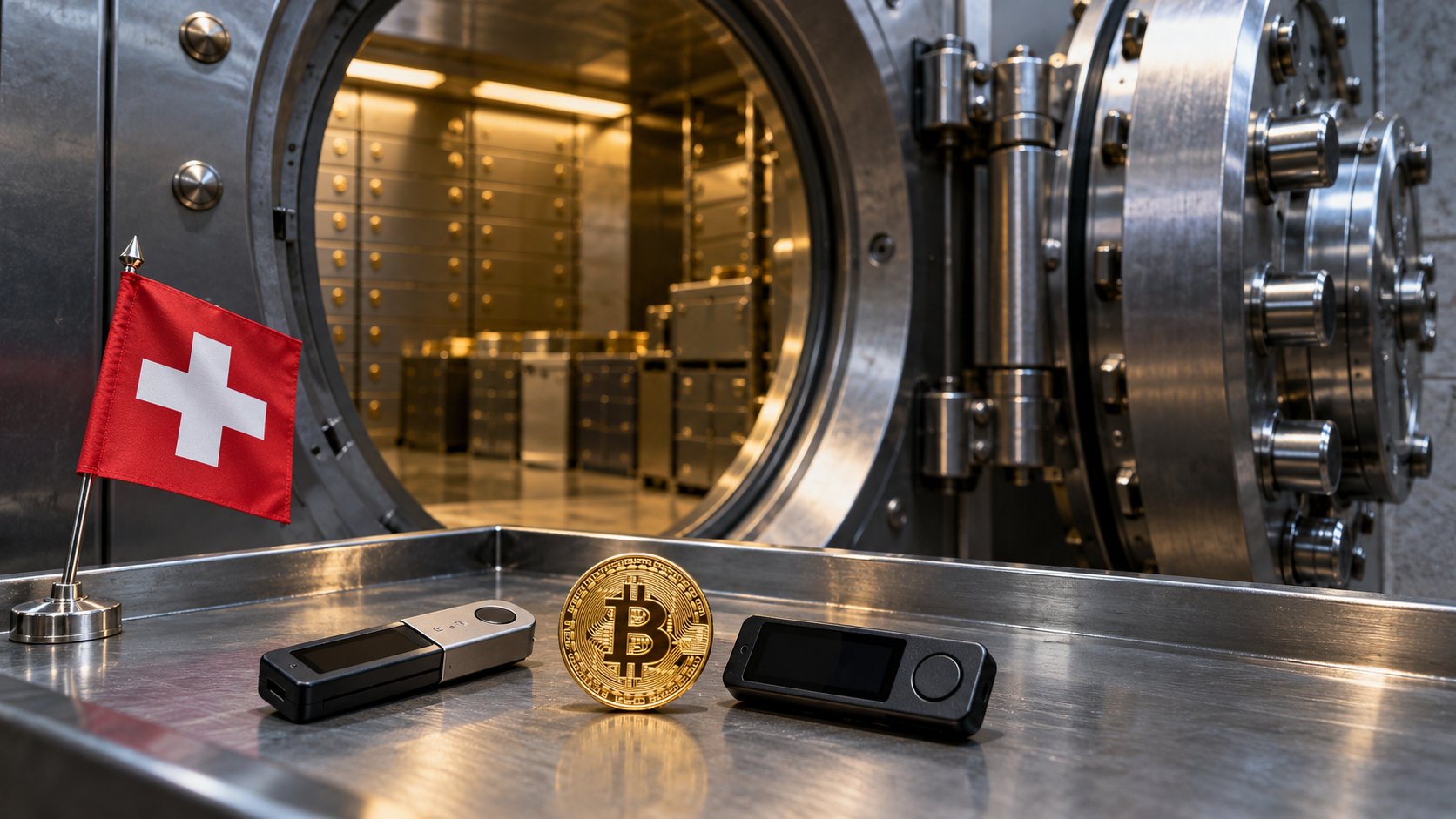 Ilustración editorial generada con IA: el interior de una bóveda de seguridad con la puerta acorazada abierta y, sobre una bandeja metálica, dos billeteras de hardware, una moneda con el símbolo de Bitcoin y una pequeña bandera suiza; composición conceptual, no es una fotografía de una bóveda real.