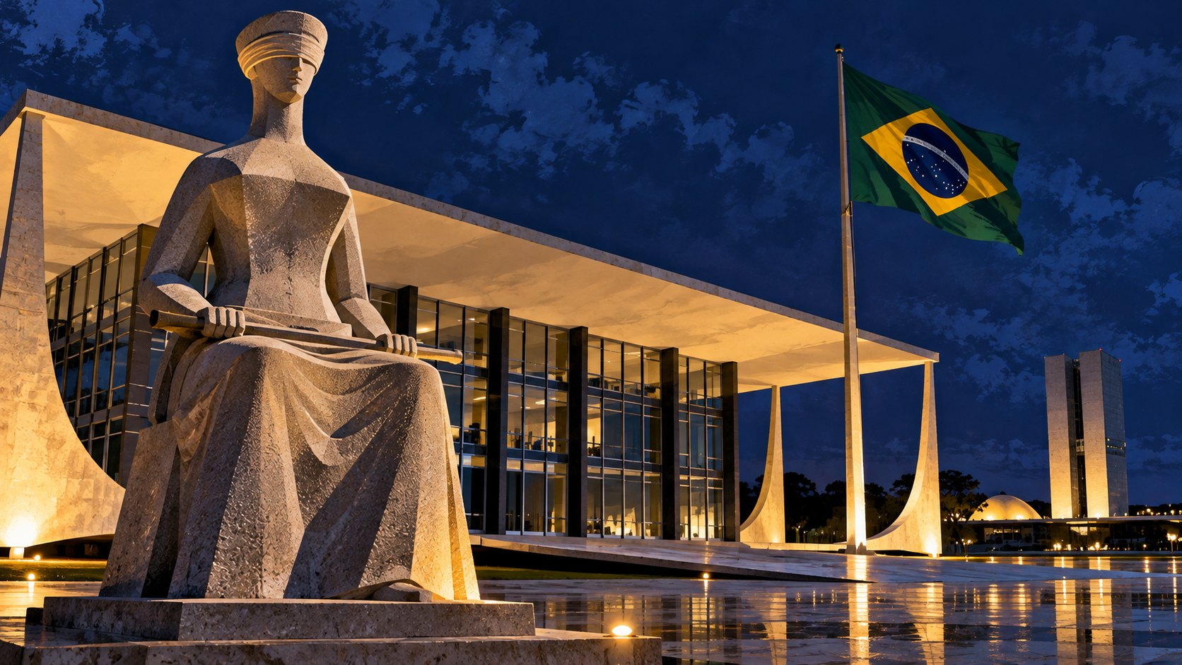 Ilustración editorial generada con IA: la fachada del Supremo Tribunal Federal en la Plaza de los Tres Poderes de Brasilia, iluminada de noche, con la escultura de la Justicia en primer plano; composición conceptual, no es una fotografía del 25 de octubre.
