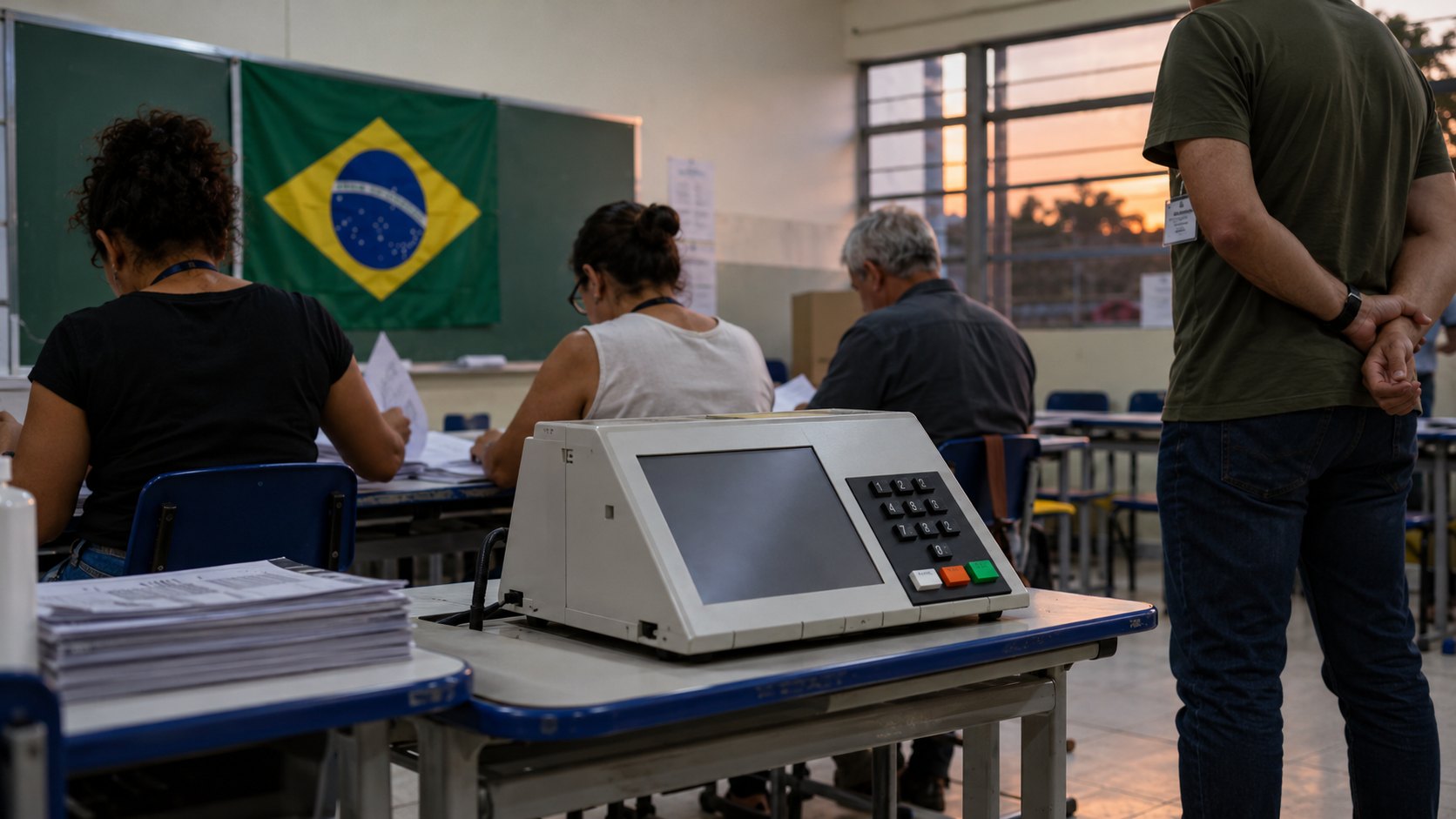 Ilustración editorial generada con IA: una urna electrónica brasileña sobre una mesa de votación en un aula escolar, con un fiscal y autoridades de mesa de espaldas; composición conceptual, no es una fotografía de una sección electoral identificada.