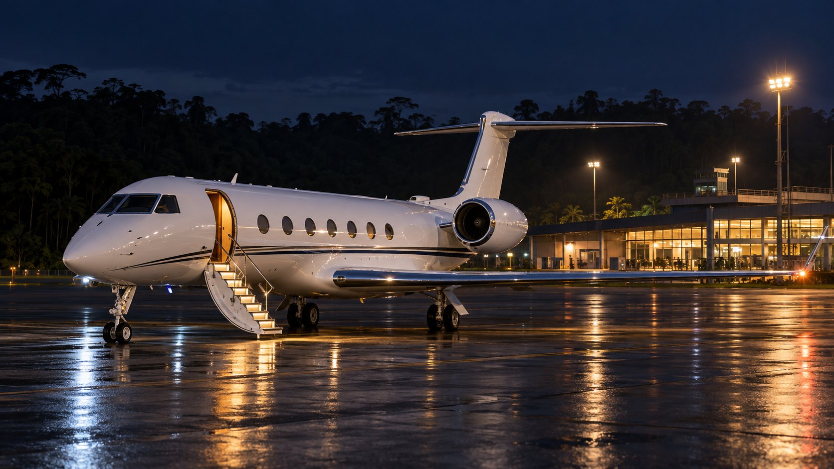 Ilustración editorial generada con IA: un jet ejecutivo blanco con la escalerilla desplegada, estacionado de noche en la plataforma de un aeropuerto rodeado de selva; composición conceptual, no es una fotografía del avión del vuelo a Guayaquil.