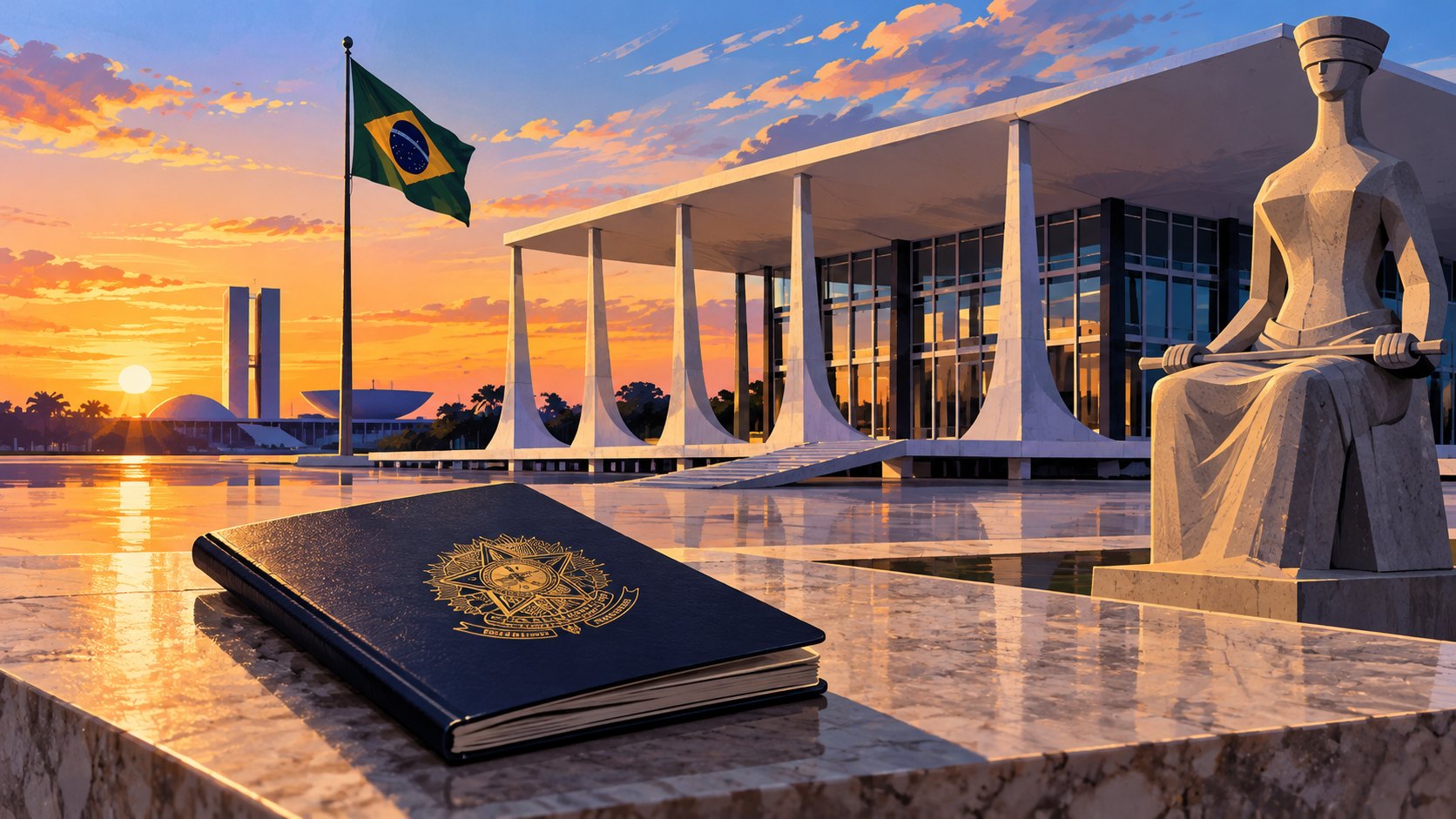 Ilustración editorial generada con IA: un pasaporte brasileño cerrado sobre una mesa de piedra frente al edificio del Supremo Tribunal Federal, en la Plaza de los Tres Poderes de Brasilia, al amanecer; composición conceptual, no es una fotografía de un documento real.