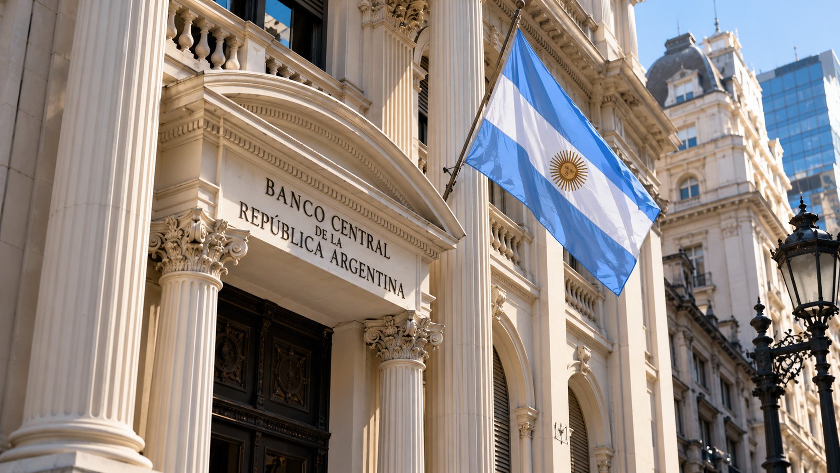 Ilustración editorial generada con IA: la fachada histórica del Banco Central de la República Argentina, con su nombre en el frente y una bandera argentina, en el microcentro porteño; composición representativa, no es una fotografía del día del anuncio.