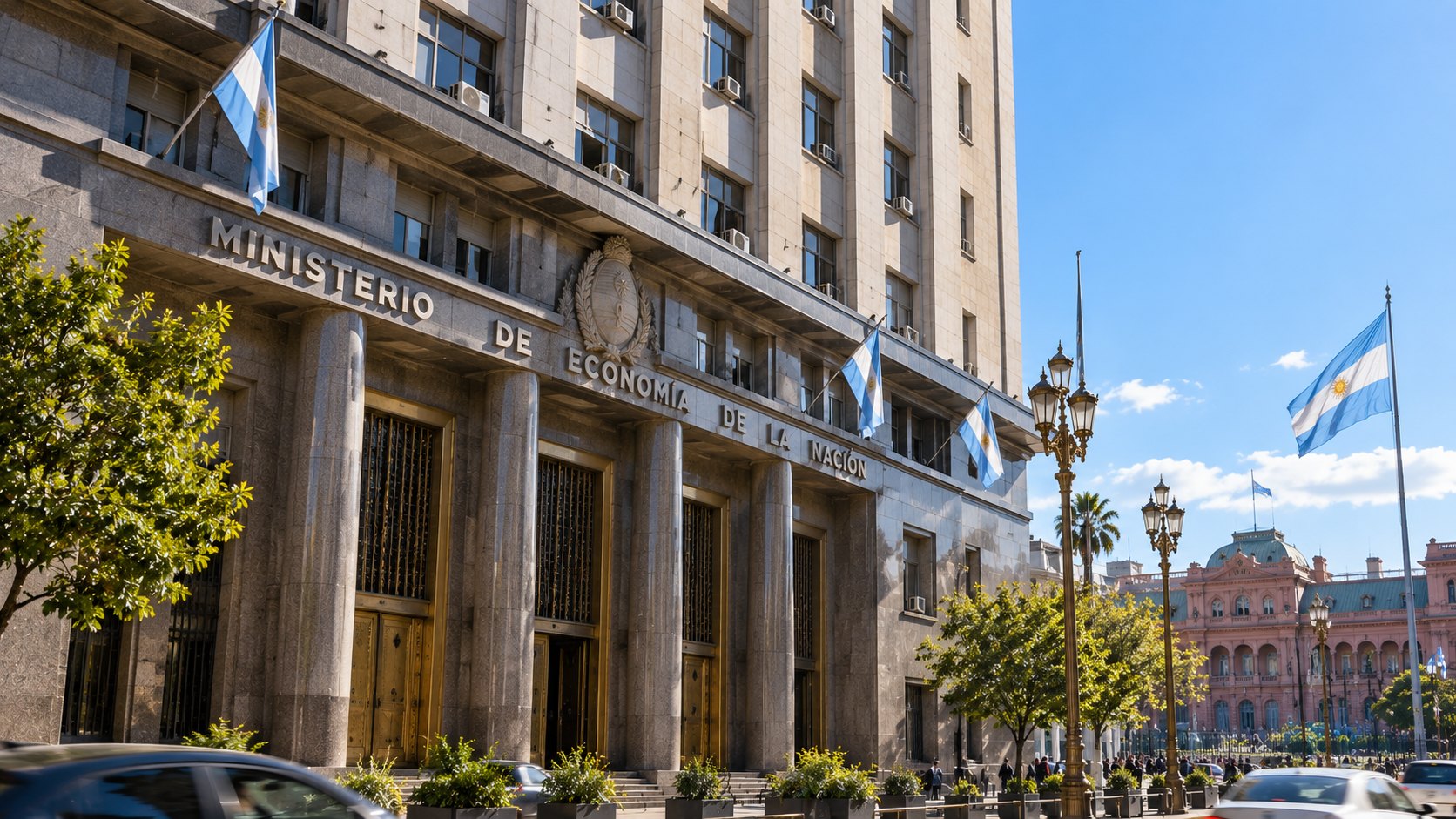 Ilustración editorial generada con IA: el Palacio de Hacienda, sede del Ministerio de Economía, con banderas argentinas y la Casa Rosada al fondo, en Buenos Aires; composición representativa, no es una fotografía del día del anuncio.