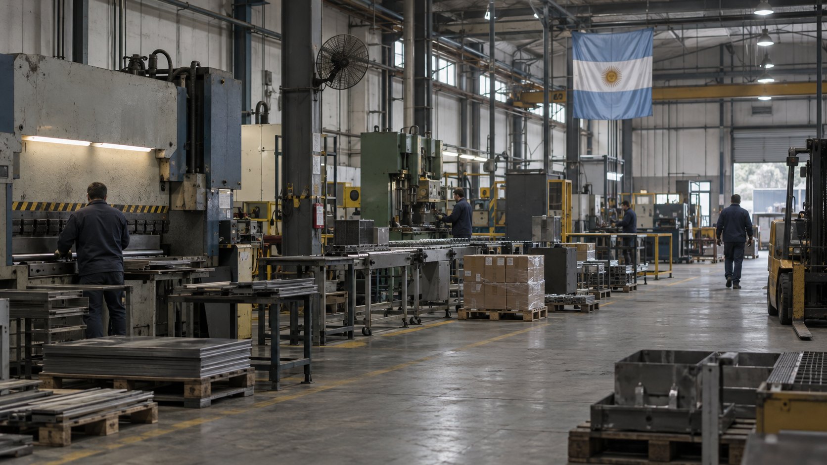 Ilustración editorial generada con IA: el interior de una fábrica metalmecánica con una línea de producción a media marcha, pocos operarios, cajas sobre pallets y una bandera argentina colgada en la nave; composición conceptual, no es una fotografía de una planta real.