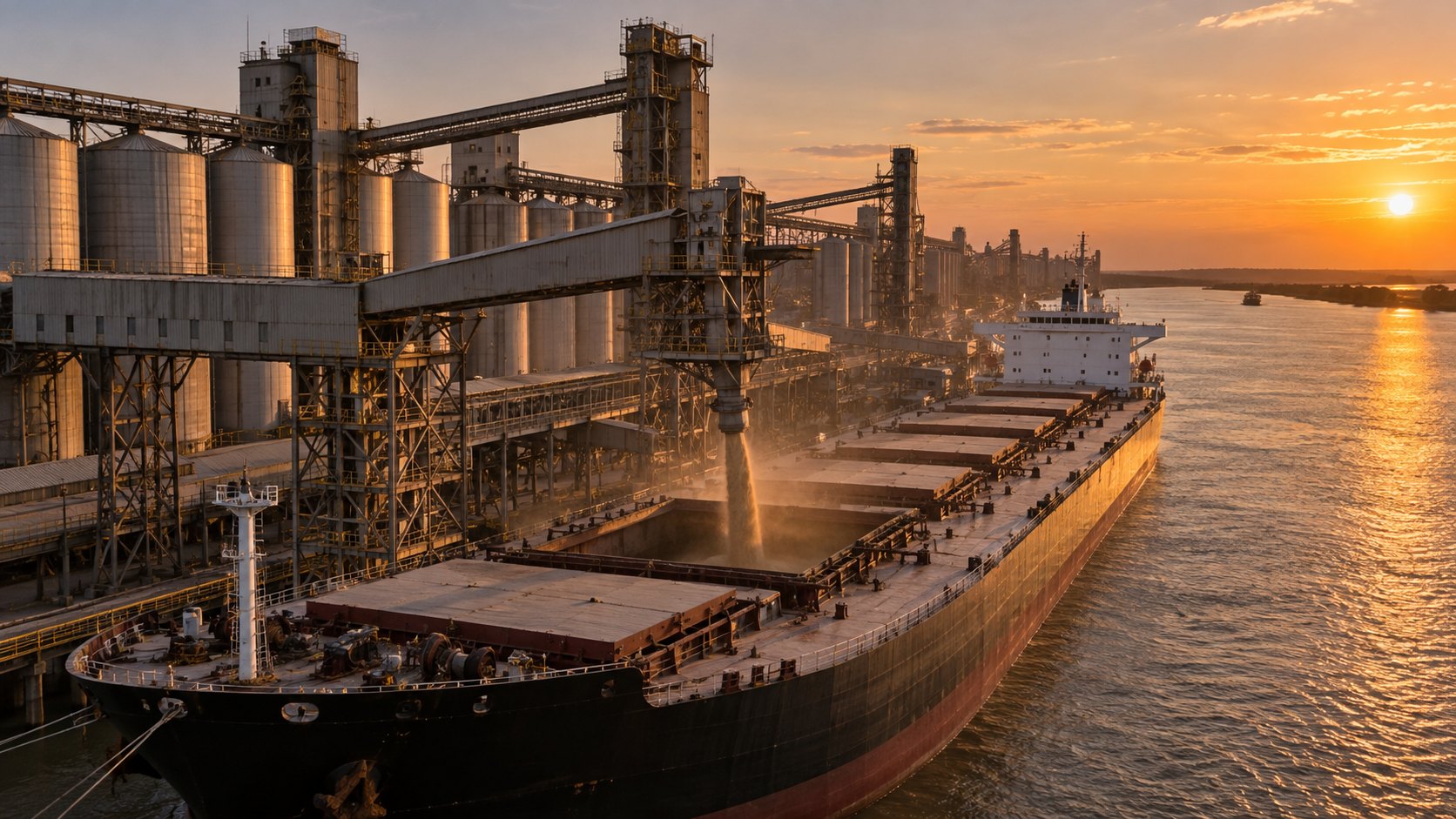 Ilustración editorial generada con IA: una terminal portuaria sobre el río Paraná al atardecer, con silos y un buque granelero cargando granos desde las cintas transportadoras; composición conceptual, no es una fotografía de un puerto real.