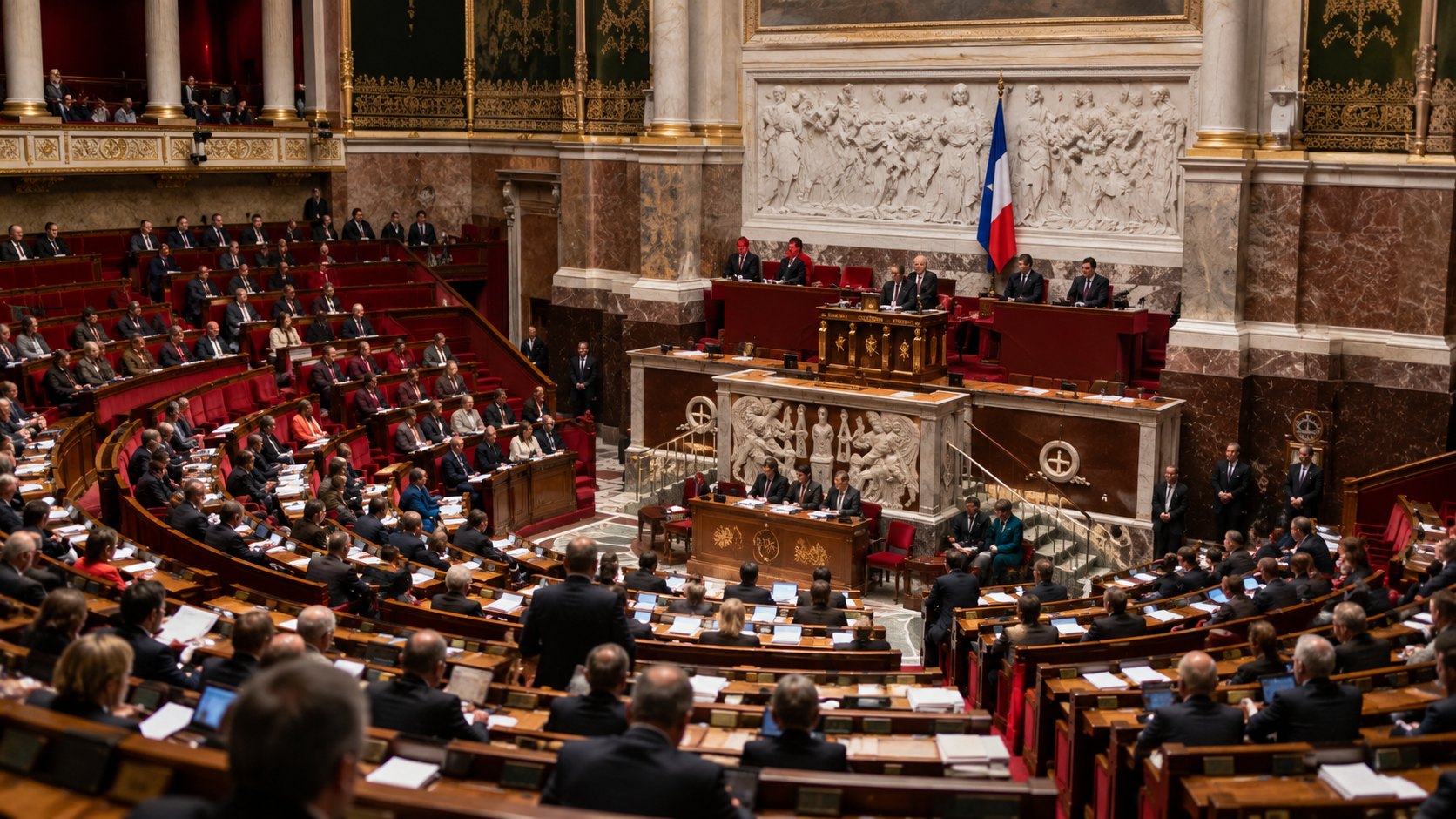 Ilustración editorial generada con IA: el hemiciclo de la Asamblea Nacional de Francia, en el Palais Bourbon, con las bancas rojas en semicírculo ocupadas por diputados anónimos, la tribuna y una bandera de Francia; composición conceptual, no es una fotografía del debate del presupuesto.
