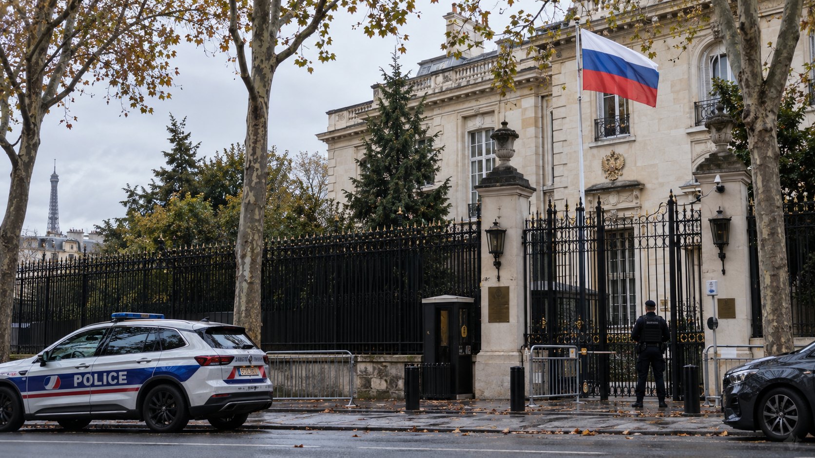 Ilustración editorial generada con IA: un edificio diplomático con la bandera de Rusia detrás de rejas en París, con un patrullero de la policía francesa estacionado enfrente en un día gris; composición conceptual, no es una fotografía de la embajada rusa real.