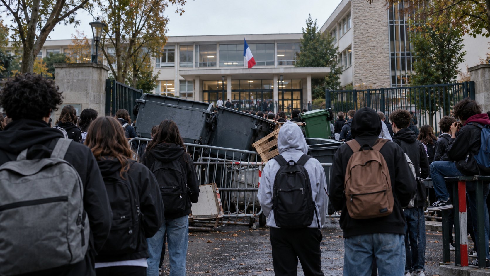 Ilustración editorial generada con IA: estudiantes secundarios bloquean con contenedores de basura y vallas la entrada de un liceo francés, con la bandera de Francia en el frente del edificio; composición conceptual, no es una fotografía de un liceo real.