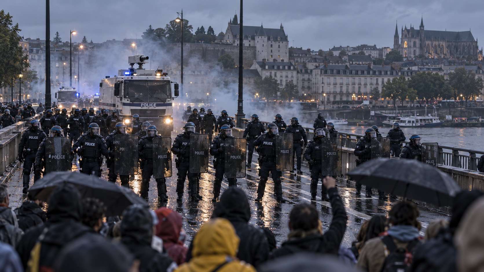 Ilustración editorial generada con IA: antidisturbios franceses con un camión hidrante y gases lacrimógenos cortan el paso de manifestantes en un puente bajo la lluvia; composición conceptual, no es una fotografía de un hecho documentado.