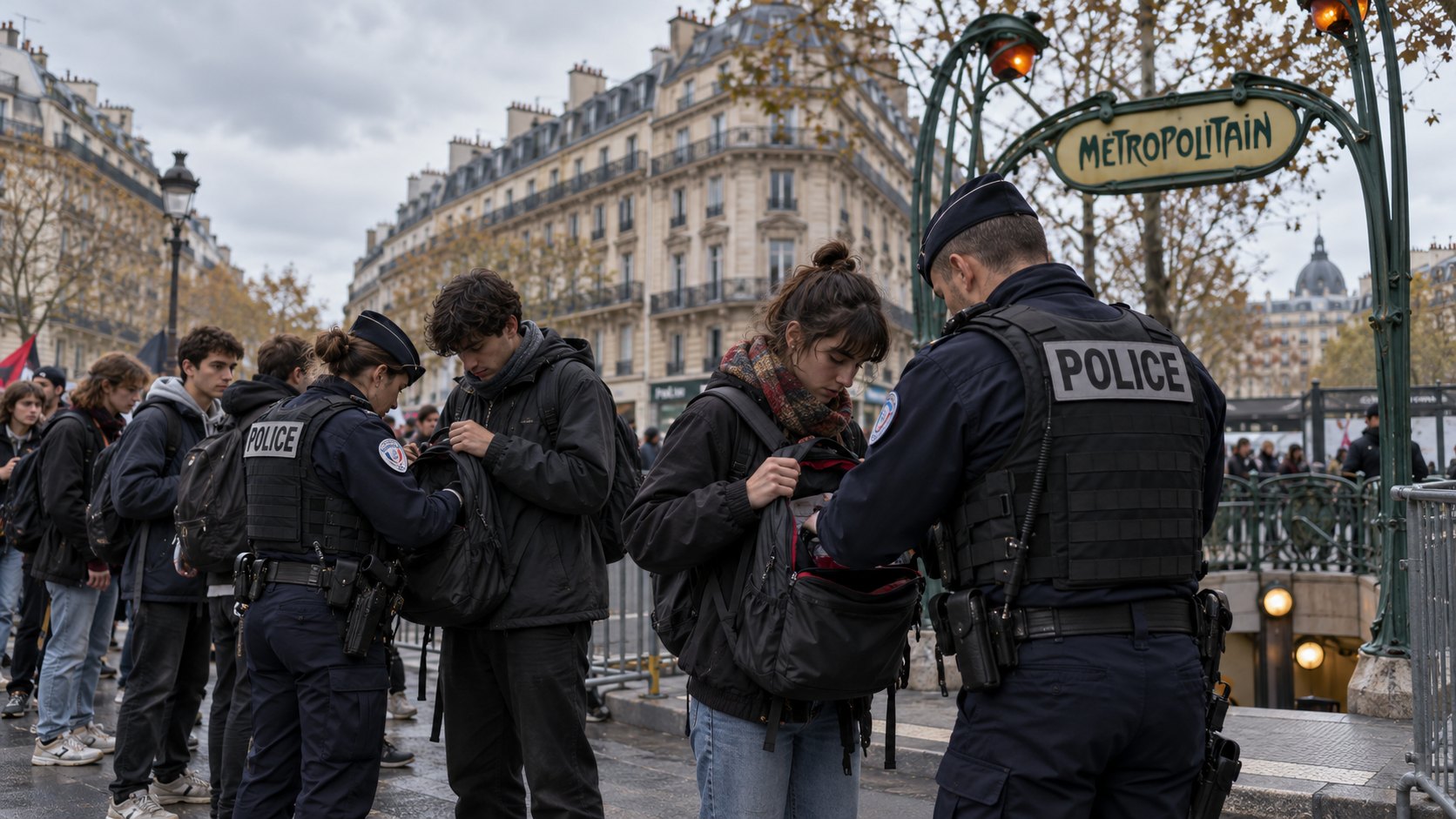 Ilustración editorial generada con IA: policías franceses revisan mochilas de jóvenes en un control preventivo en una calle de París antes de una marcha; composición conceptual, no es una fotografía de un hecho documentado.