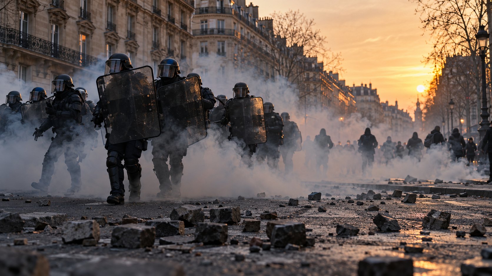 Ilustración editorial generada con IA: al atardecer, una línea de policías antidisturbios franceses con cascos y escudos avanza entre una nube de gas lacrimógeno por una calle de París, con adoquines arrancados sobre el asfalto en primer plano; composición conceptual, no es una fotografía de los incidentes del 31 de octubre.
