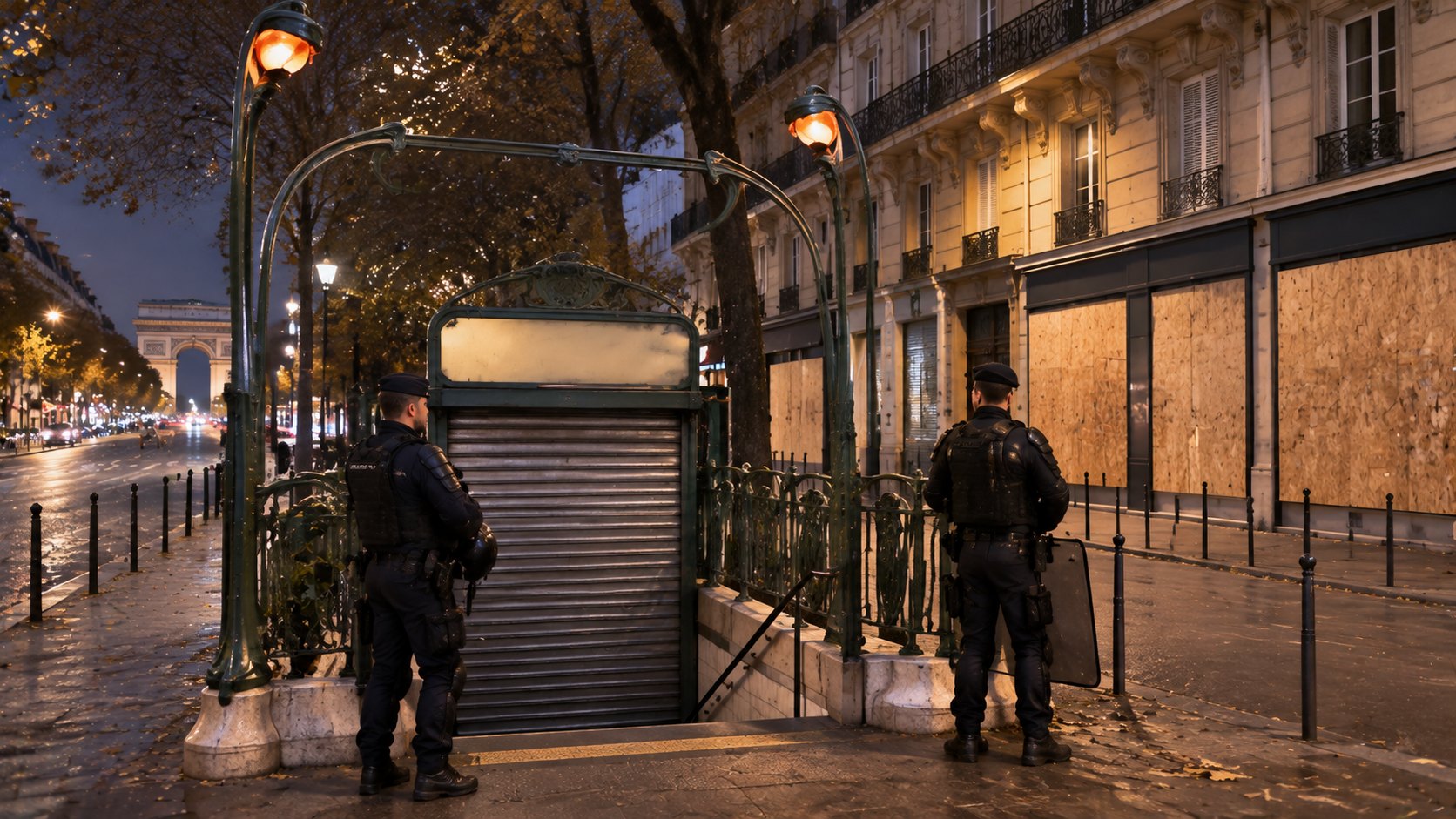 Ilustración editorial generada con IA: la entrada art nouveau de una estación del metro de París con la reja baja, custodiada por dos gendarmes al anochecer, junto a comercios tapiados con paneles de madera y el Arco del Triunfo al fondo; composición conceptual, no es una fotografía de una estación identificada.