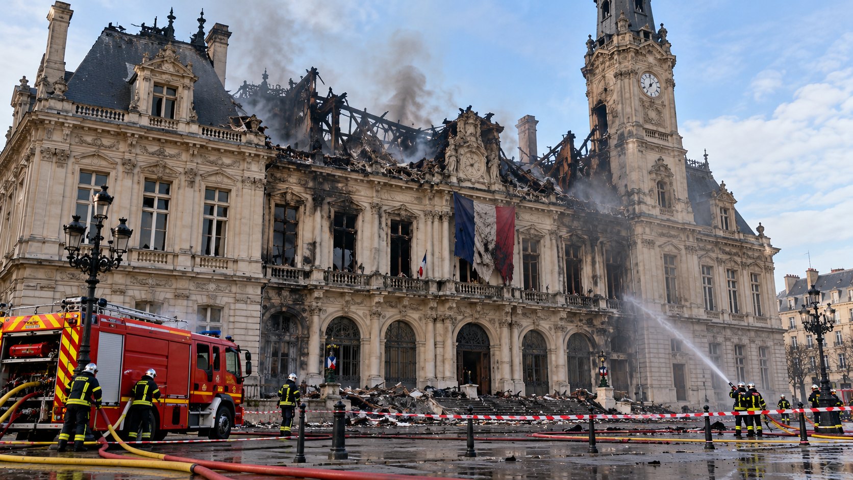 Ilustración editorial generada con IA: el ayuntamiento de Limoges, un edificio del siglo XIX con torre de reloj, con el techo derrumbado y humeante, una bandera de Francia ennegrecida en la fachada y bomberos franceses con su camión rojo apagando los restos detrás de una cinta de seguridad; composición conceptual, no es una fotografía del edificio real.