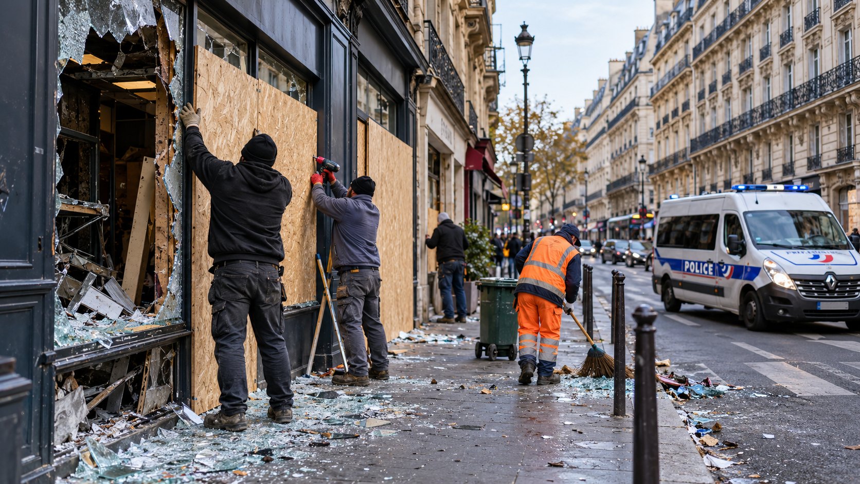 Ilustración editorial generada con IA: en una calle comercial de París, comerciantes cubren con placas de madera vidrieras rotas de tiendas saqueadas, con vidrios en la vereda, un barrendero municipal y un furgón de la policía francesa que pasa; composición conceptual, no es una fotografía de un comercio real.