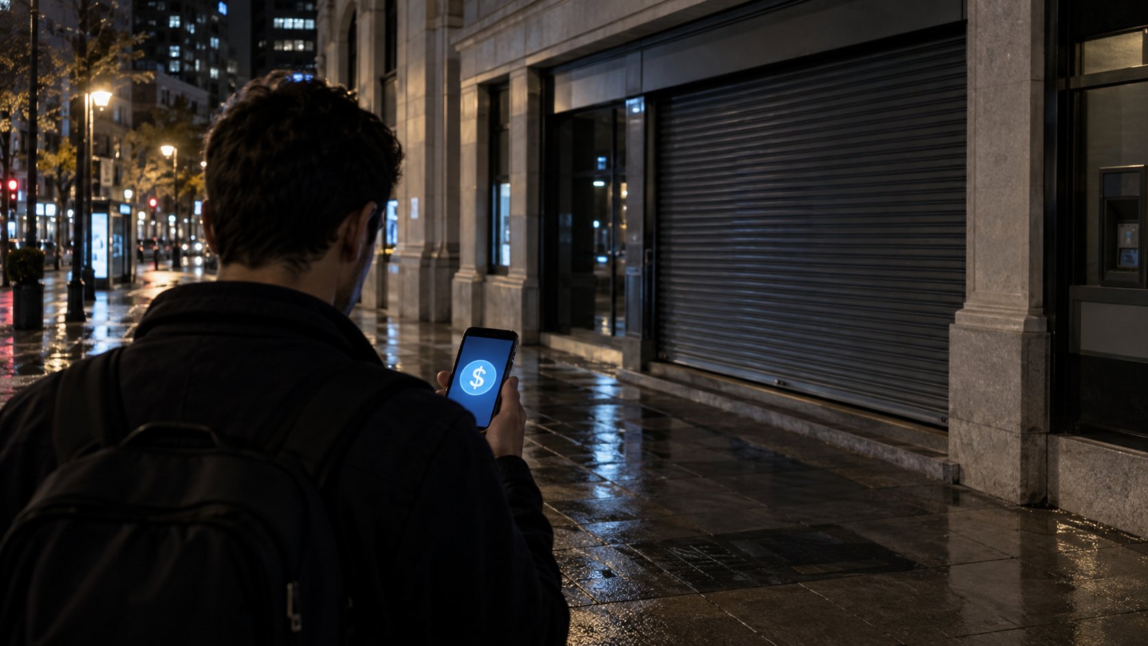 Ilustración editorial generada con IA: de noche, una persona de espaldas mira en su celular una app con el ícono de una stablecoin en dólares frente a una sucursal bancaria con la persiana baja; composición conceptual, no es fotografía de un hecho real.