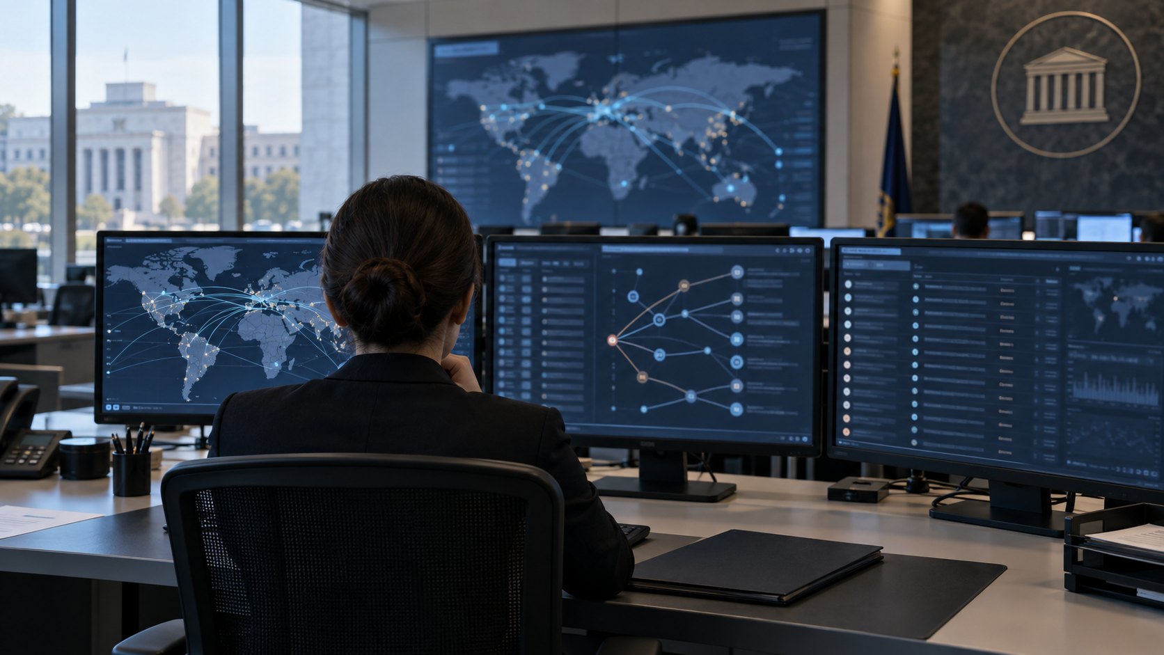 Ilustración editorial generada con IA: una analista de espaldas en una sala de supervisión financiera observa monitores con un mapa de flujos globales y un explorador de blockchain; composición conceptual, no es fotografía de un hecho real.