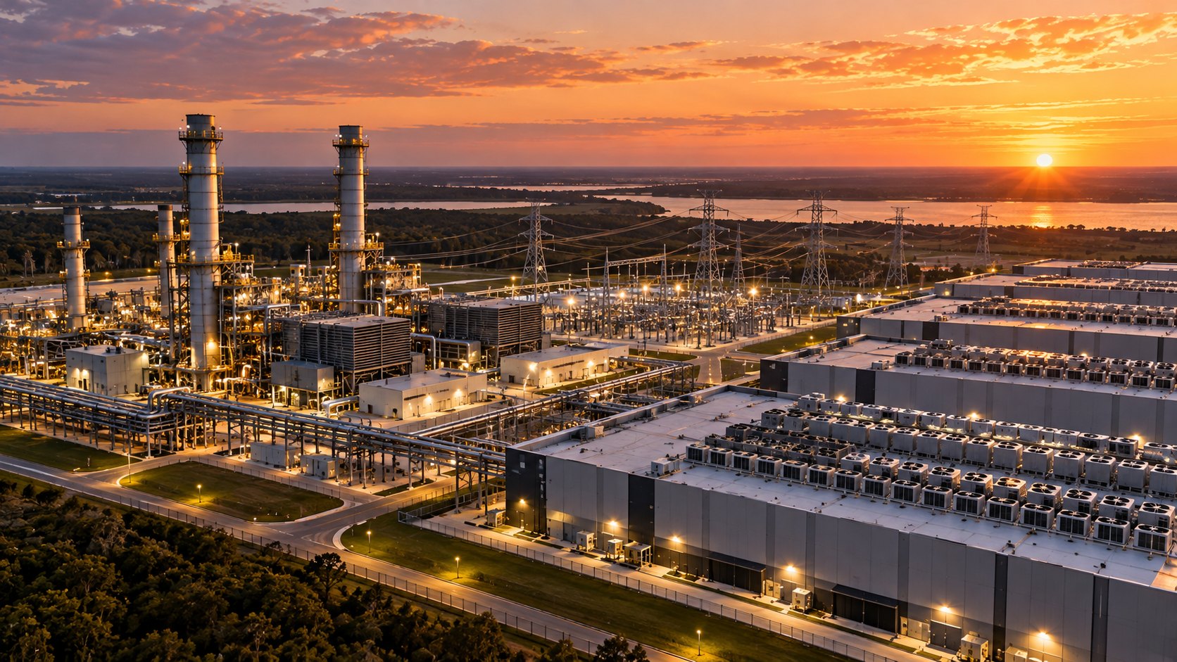 Ilustración editorial generada con IA: vista aérea al atardecer de una central eléctrica de ciclo combinado a gas junto a un campus de centros de datos con equipos de refrigeración en los techos, unidos por líneas de alta tensión; composición conceptual, no es una fotografía de un proyecto real.