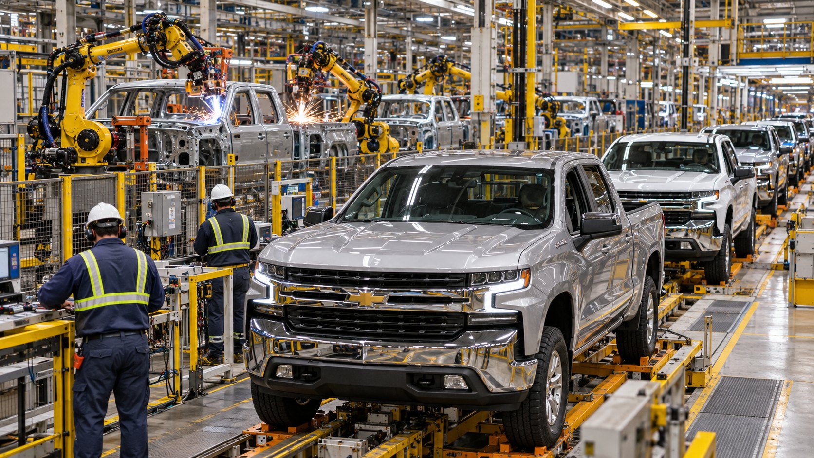 Ilustración editorial generada con IA: una línea de montaje de pickups Chevrolet Silverado con carrocerías en fila, robots de soldadura y operarios de espaldas con equipo de seguridad en una planta automotriz; composición conceptual, no es una fotografía de una planta real de GM.