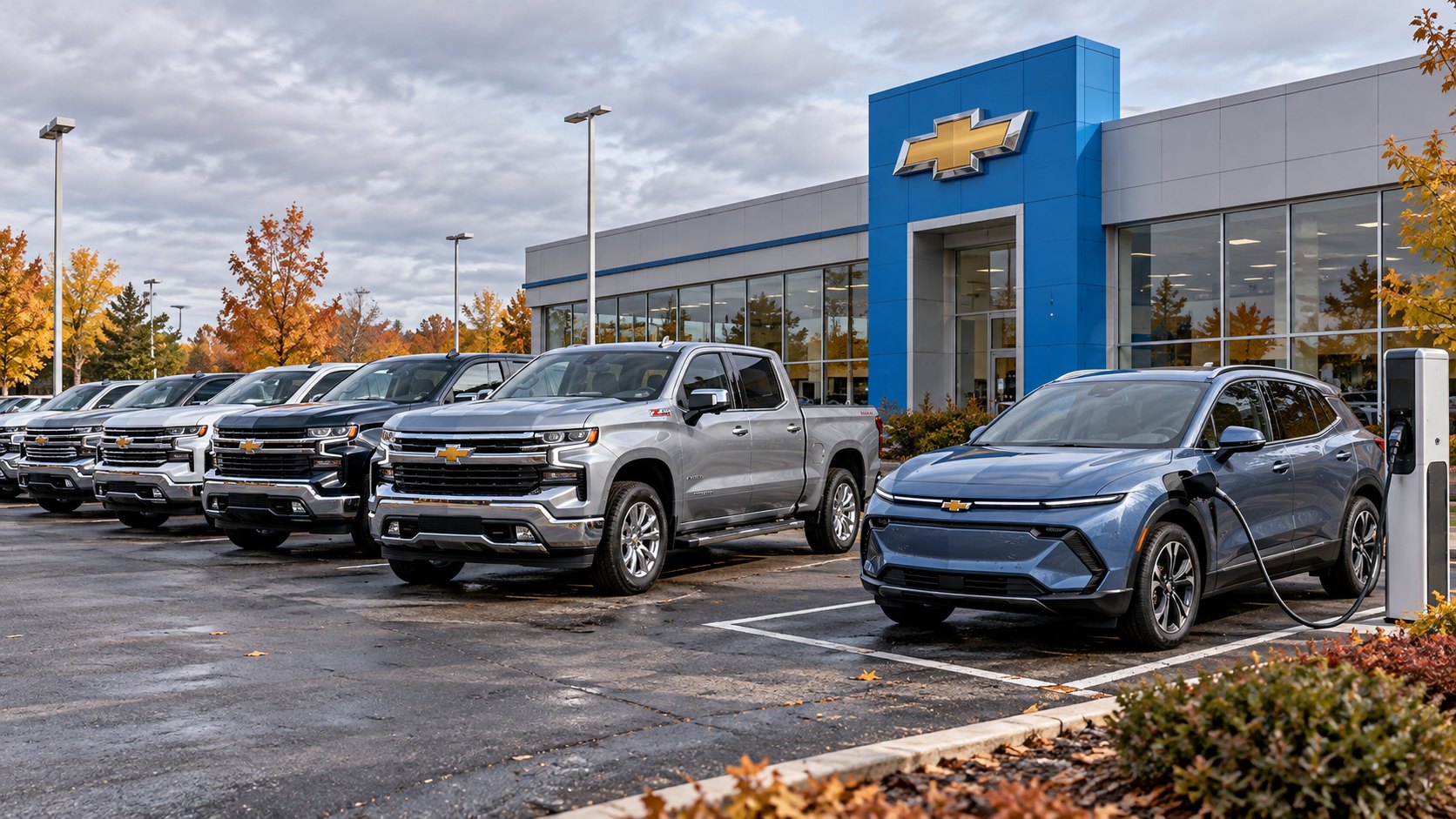 Ilustración editorial generada con IA: un concesionario de Chevrolet con el emblema de la marca en la fachada, una fila de pickups Silverado nuevas en el estacionamiento y, al costado, un Chevrolet Equinox EV azul conectado a un cargador; composición conceptual, no es una fotografía de un concesionario real.