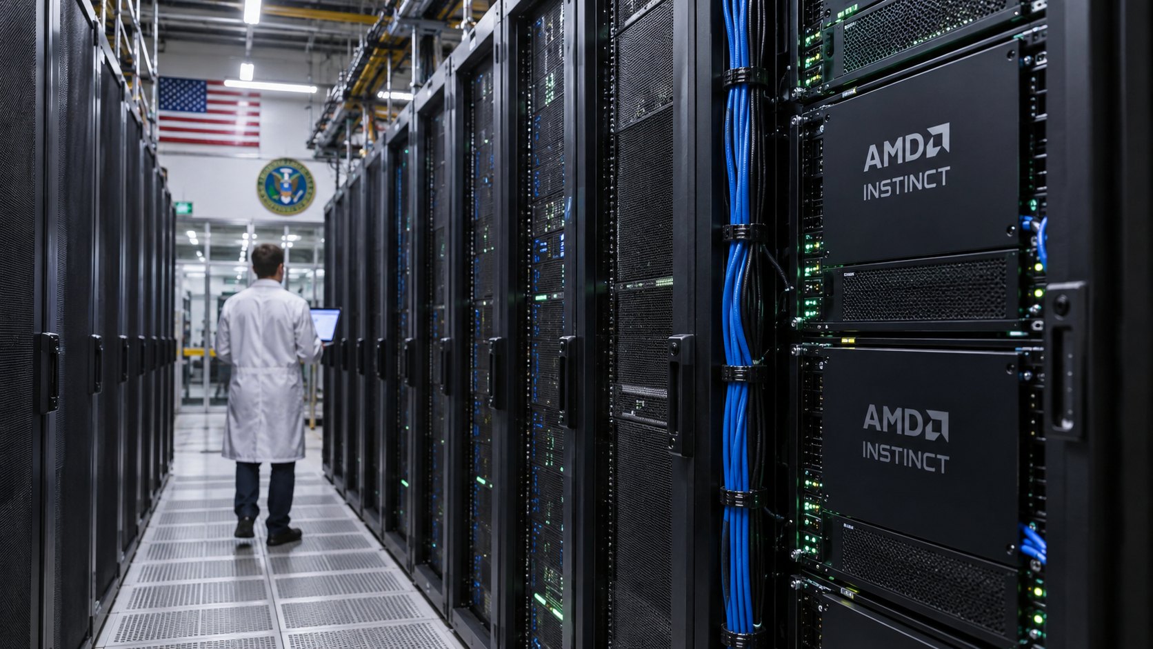 Ilustración editorial generada con IA: el pasillo de una sala de supercomputadoras de un laboratorio nacional de EE.UU., con racks de aceleradores AMD Instinct y un científico de espaldas con una laptop; composición conceptual, no es una fotografía de una instalación real.