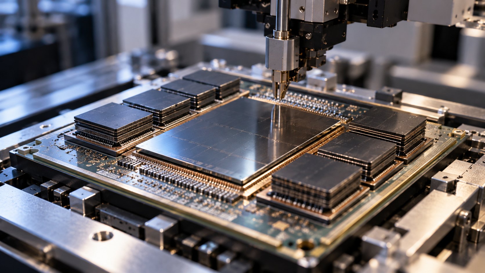 Ilustración editorial generada con IA: un acelerador de IA con un gran procesador rodeado de pilas de memoria, montados sobre un interposer de silicio, bajo una sonda en un banco de pruebas; composición conceptual, no es una fotografía de un producto real de TSMC.