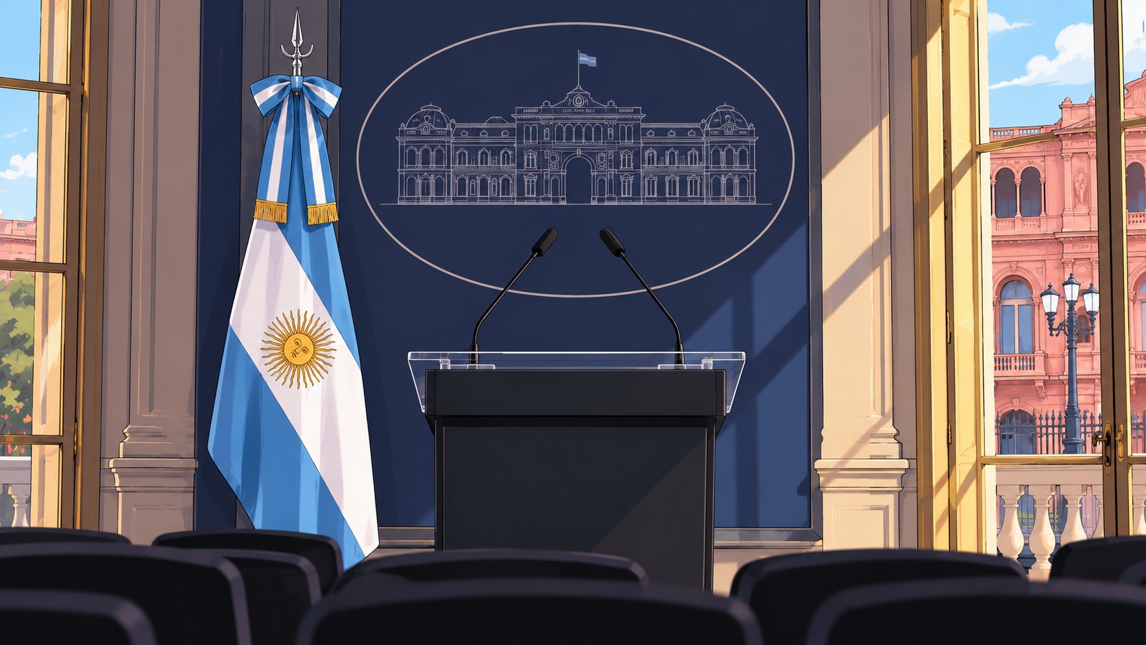 Ilustración editorial generada con IA: el atril vacío de la sala de conferencias de prensa de la Casa Rosada con la bandera argentina; composición representativa, no es una fotografía de la conferencia de Adrián Ravier.