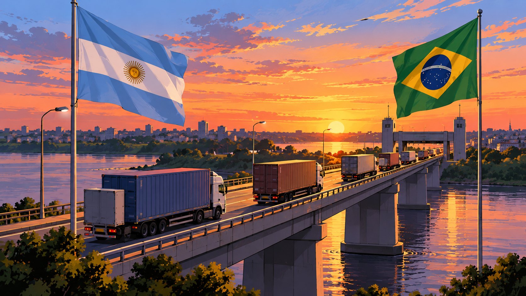 Ilustración editorial generada con IA: camiones de carga cruzan el puente internacional entre Paso de los Libres y Uruguaiana, con las banderas de la Argentina y Brasil; composición representativa, no documenta un día concreto.