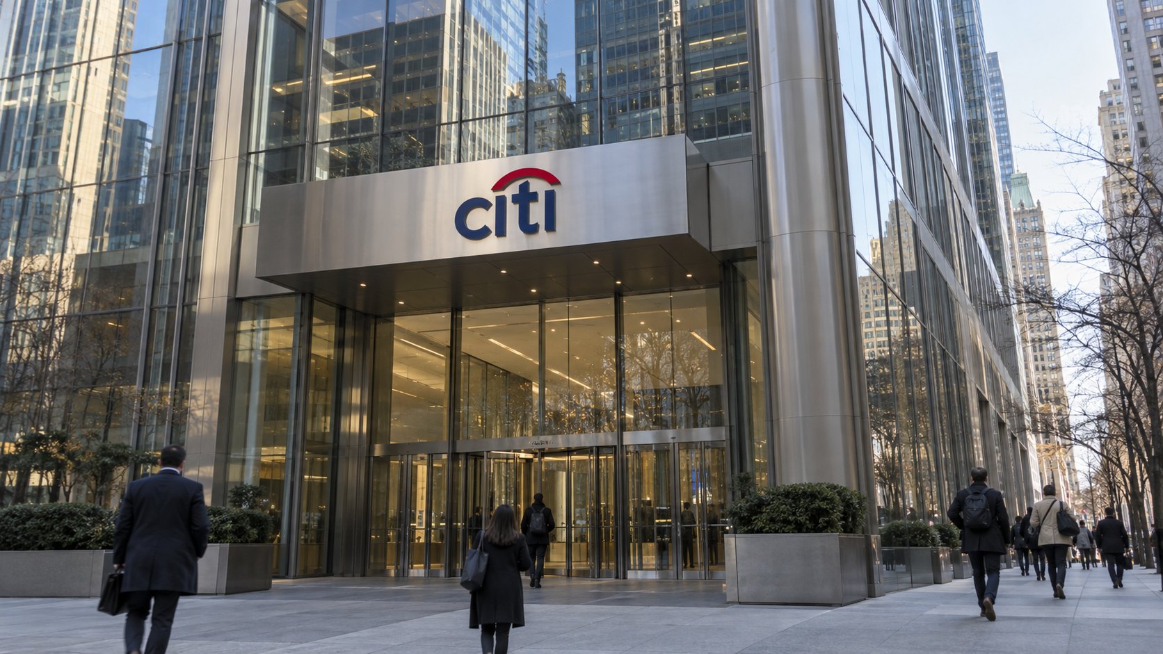 Ilustración editorial generada con IA: la entrada de una torre de oficinas de Citigroup en Nueva York con el logo de citi sobre la marquesina, peatones de espaldas en la vereda en un día de otoño; composición conceptual, no es una fotografía del día.