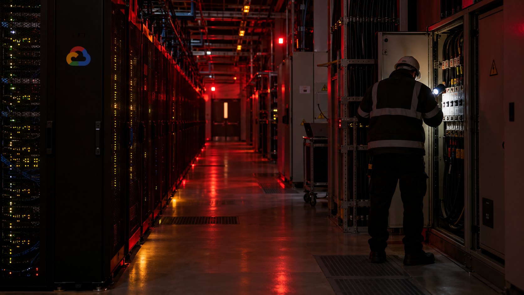 Ilustración editorial generada con IA: pasillo de racks de servidores con el logo de Google Cloud iluminado sólo por luces de emergencia rojas, mientras un técnico de espaldas revisa con una linterna un tablero eléctrico; composición conceptual, no es una fotografía del centro de datos afectado.