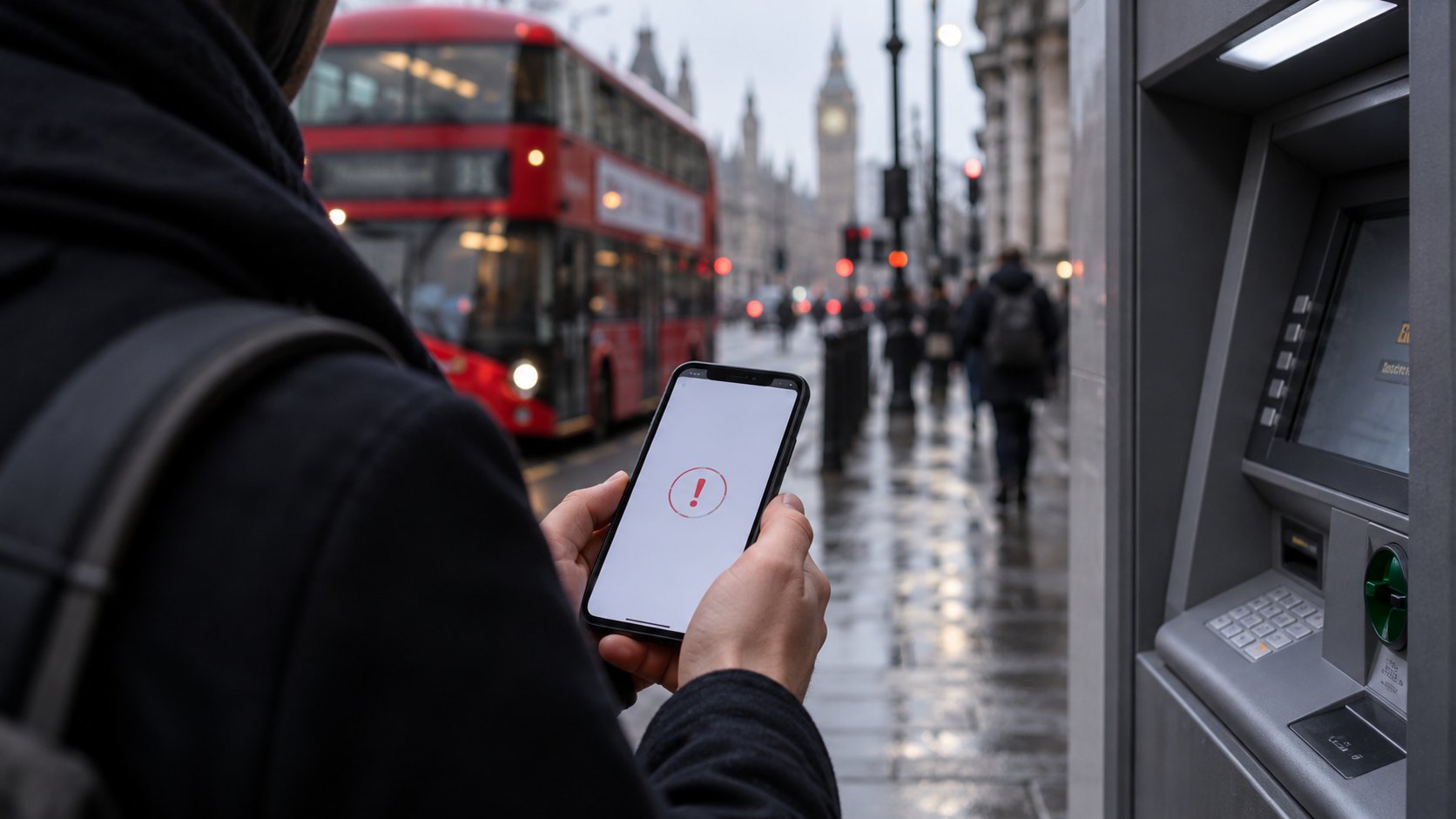 Ilustración editorial generada con IA: una persona de espaldas mira en una calle de Londres un celular con un ícono de error, junto a un cajero automático, con un colectivo rojo de dos pisos y el Big Ben de fondo; composición conceptual, no es una fotografía de un cliente afectado.