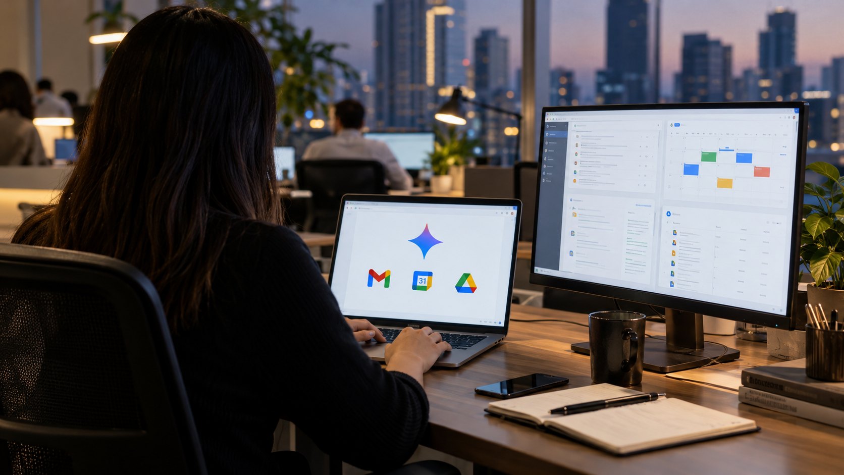 Ilustración editorial generada con IA: una profesional de espaldas trabaja en una oficina con una laptop que muestra el ícono de Gemini junto a los de Gmail, Google Calendar y Google Drive, y un monitor con ventanas de tareas; composición conceptual, no es una captura del producto.