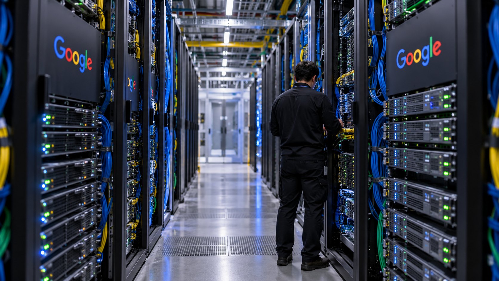 Ilustración editorial generada con IA: un técnico de espaldas revisa el cableado en un pasillo de un centro de datos con racks de servidores que llevan el logotipo de Google; composición conceptual, no es una fotografía de una instalación real.