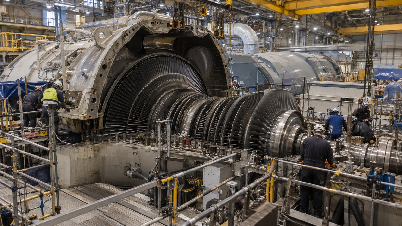 Ilustración editorial generada con IA: técnicos trabajan sobre una turbina de vapor abierta en la sala de máquinas de una central nuclear, durante una modernización; composición conceptual, no es una fotografía de una planta de Constellation.