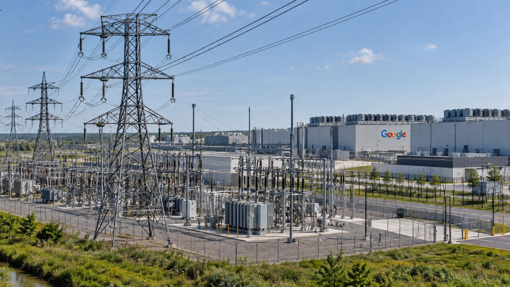 Ilustración editorial generada con IA: torres de alta tensión y una subestación eléctrica junto a un centro de datos con el logo de Google, a plena luz del día; composición conceptual, no es una fotografía de una instalación real.