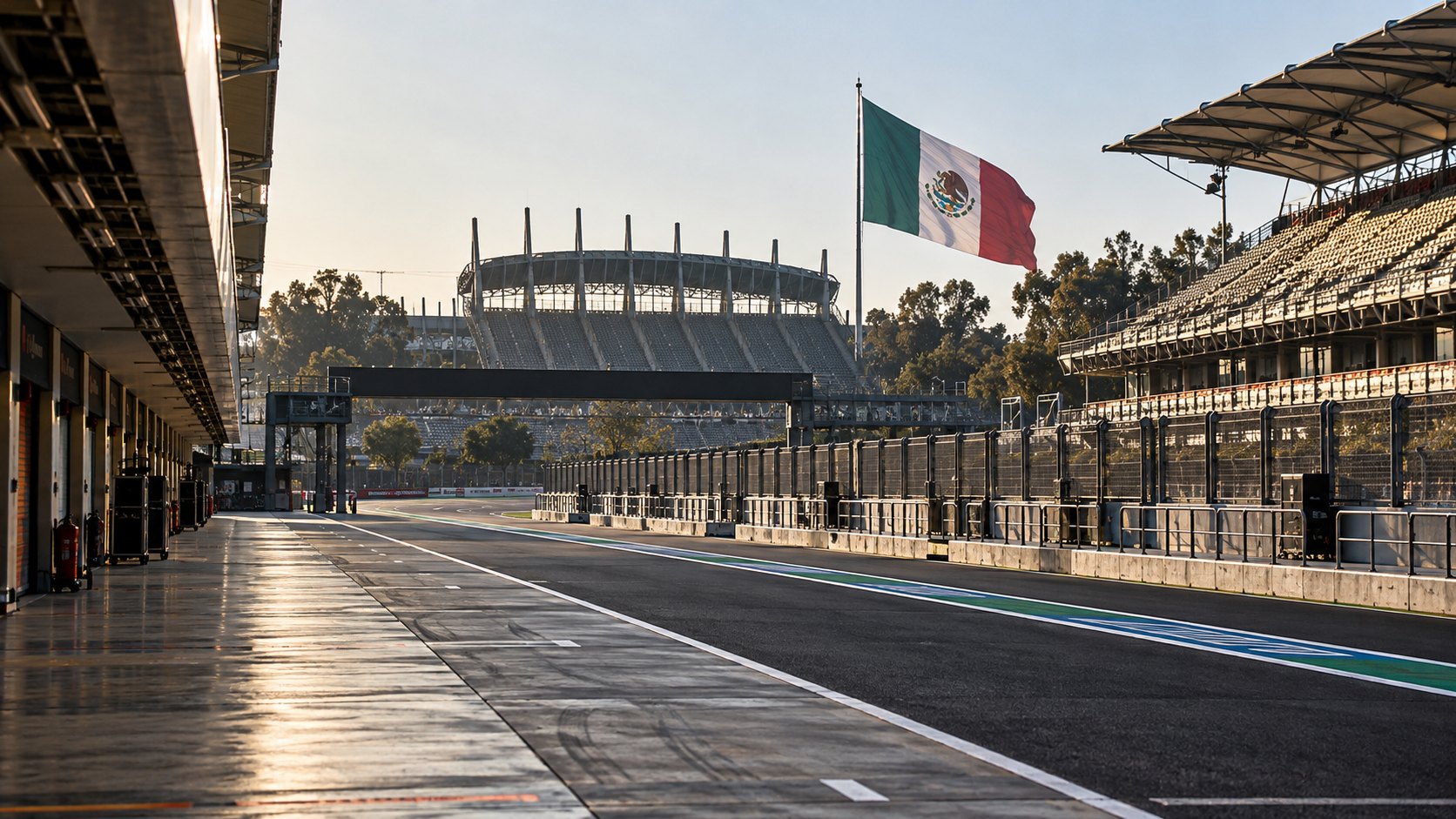 Ilustración editorial generada con IA: la calle de boxes vacía del Autódromo Hermanos Rodríguez a primera hora de la mañana, con la recta principal, el estadio del Foro Sol al fondo y una gran bandera de México flameando; composición conceptual, no es una fotografía del circuito durante el Gran Premio.