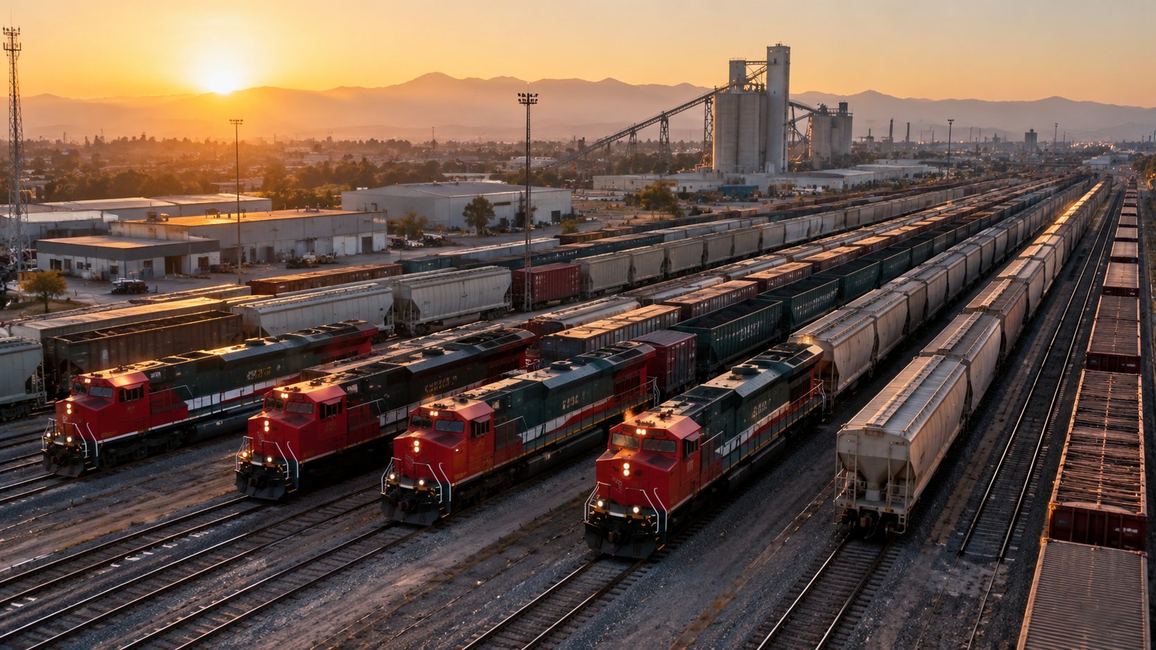 Ilustración editorial generada con IA: un gran patio ferroviario de cargas con varias locomotoras diésel rojas alineadas y largos trenes de vagones al amanecer, con silos al fondo; composición conceptual, no es una fotografía de una instalación de Grupo México.